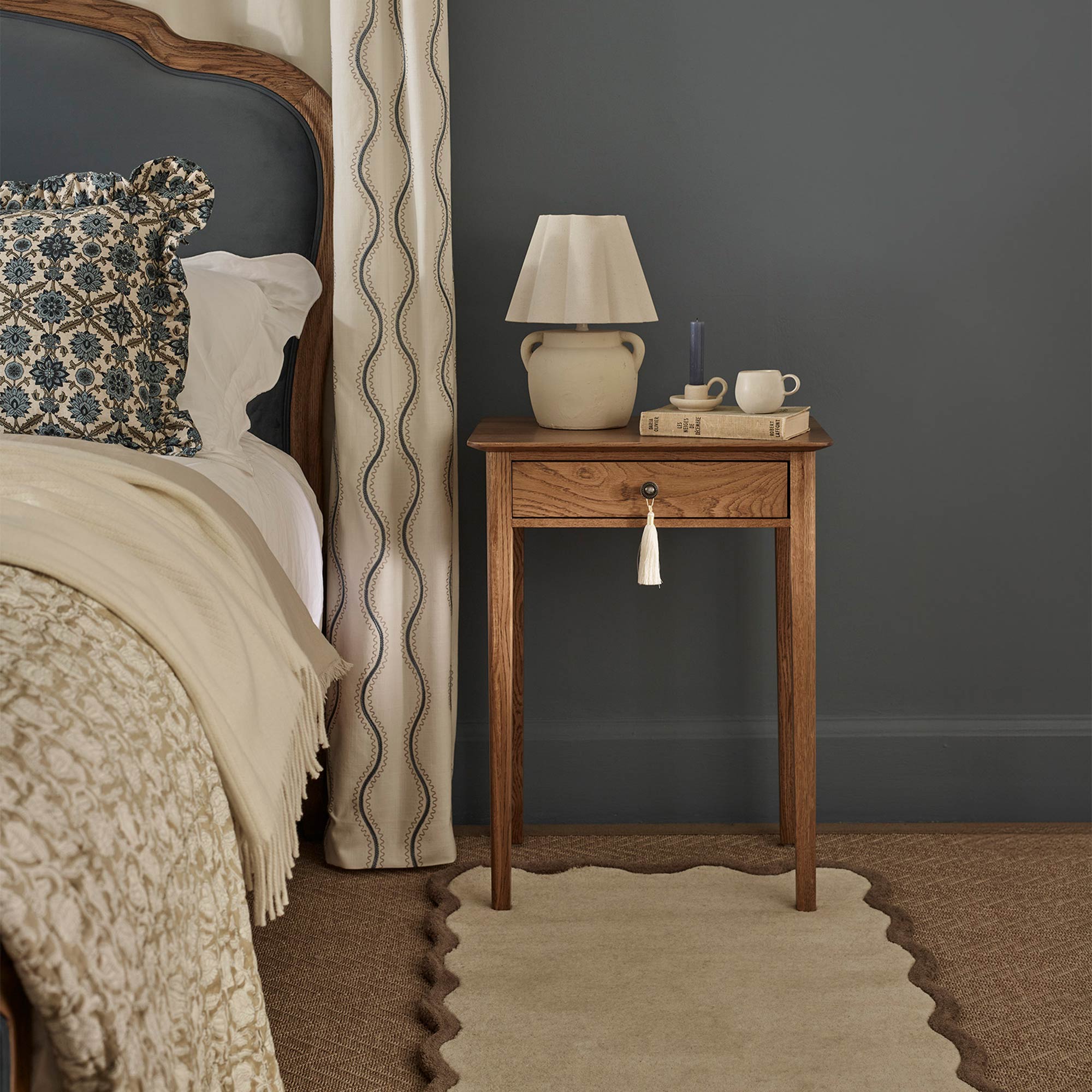 Solid Oak Slim Bedside Table With Tassel