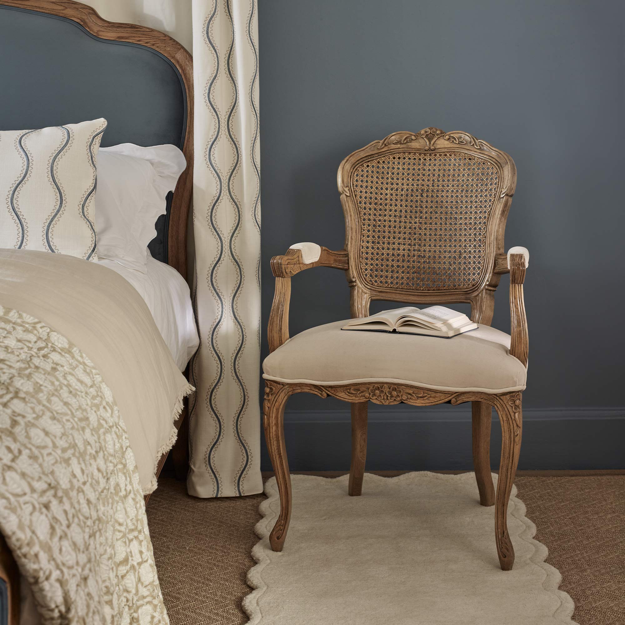 Velvet Upholstered Chair With Rattan Back