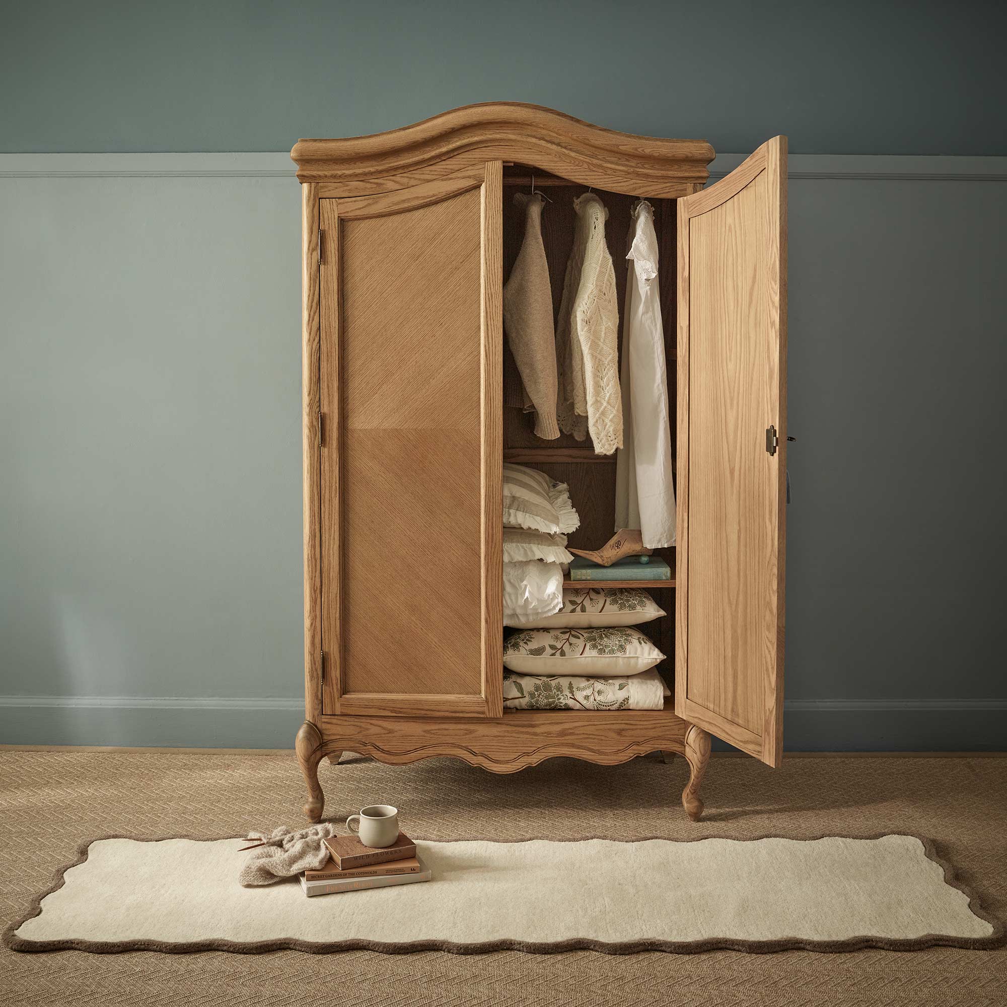 Hand-Carved Oak 2-Door Armoire with Directional Grain and Curved Silhouette