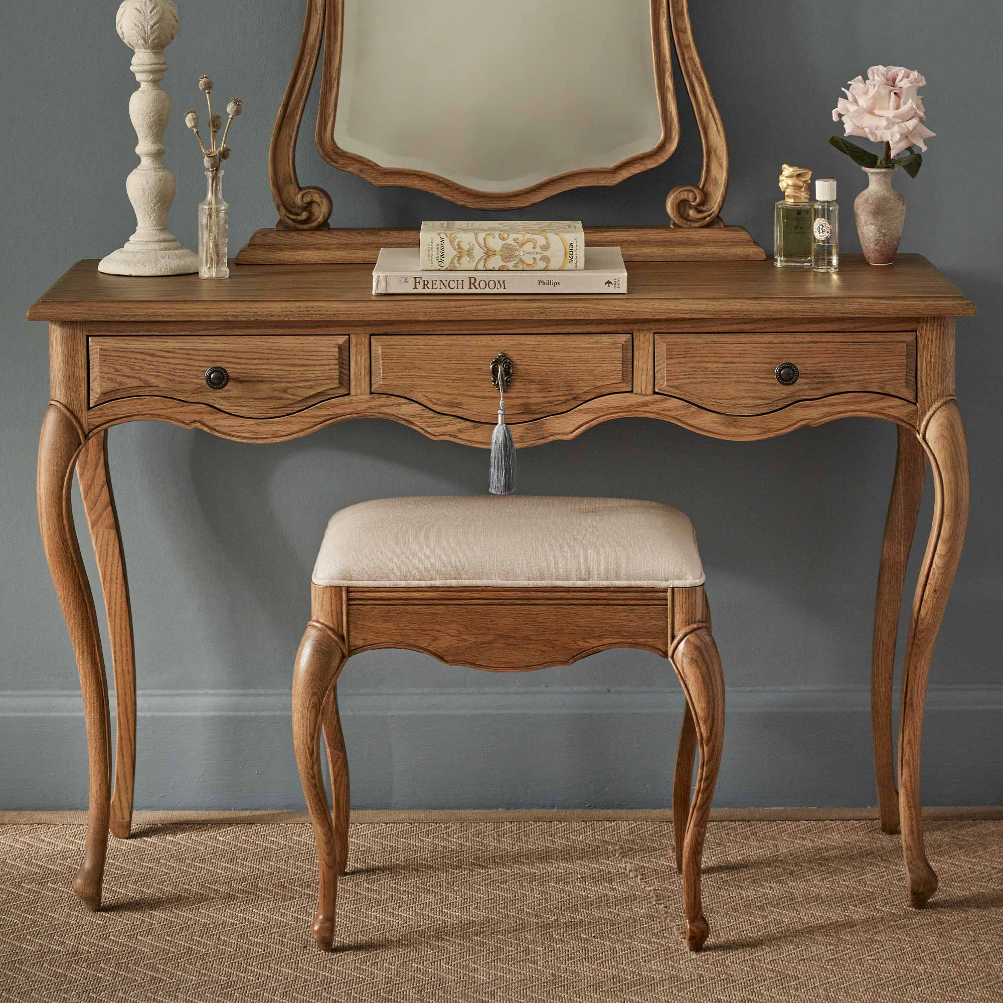 Hand-Carved Oak Dressing Stool with Natural Linen Upholstery and Cabriole Legs with Dressing Table