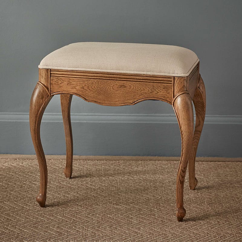 Love Story Linen Dressing Stool | Hand-Carved Oak Dressing Stool with ...