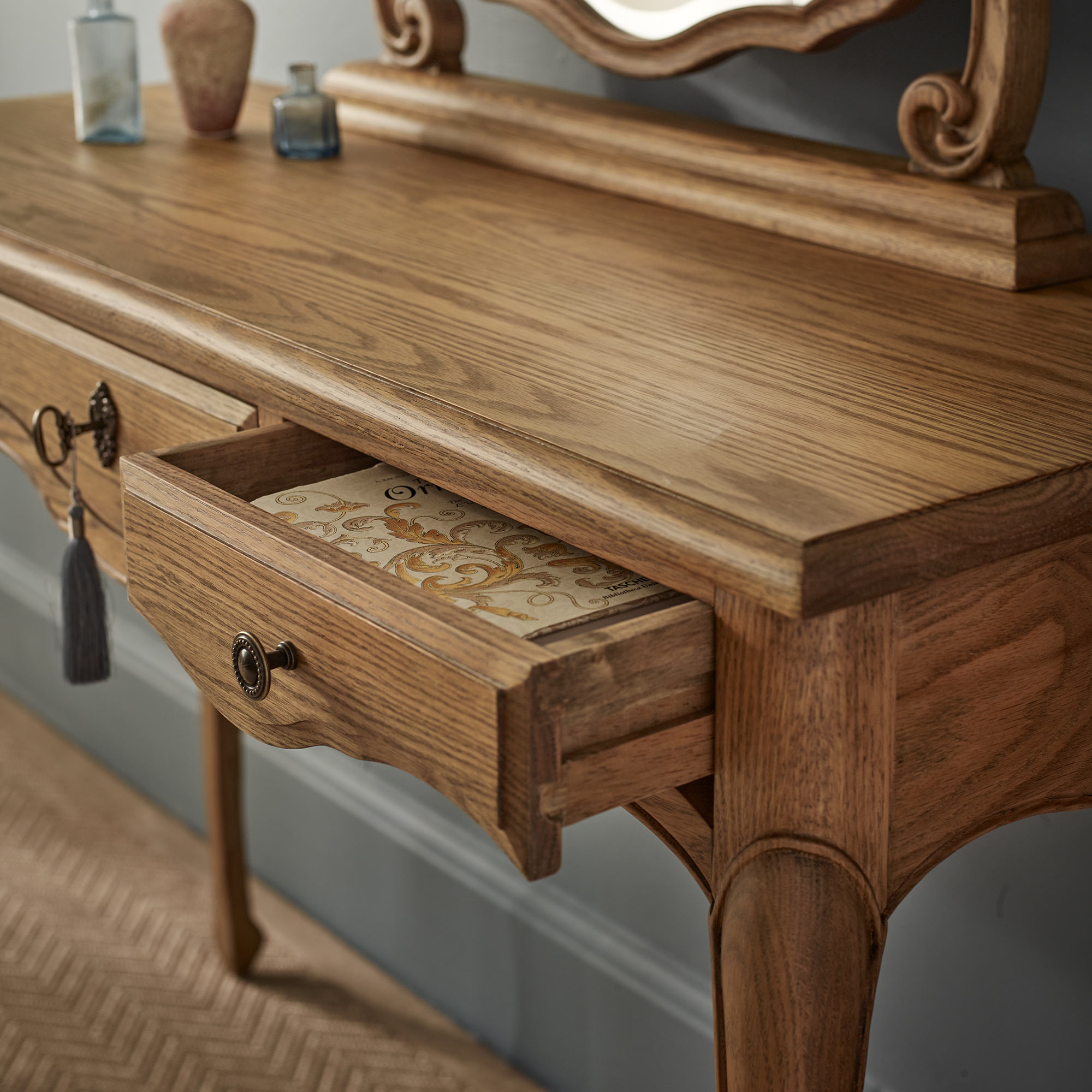 Hand Carved Oak Dressing Table Drawer Detail