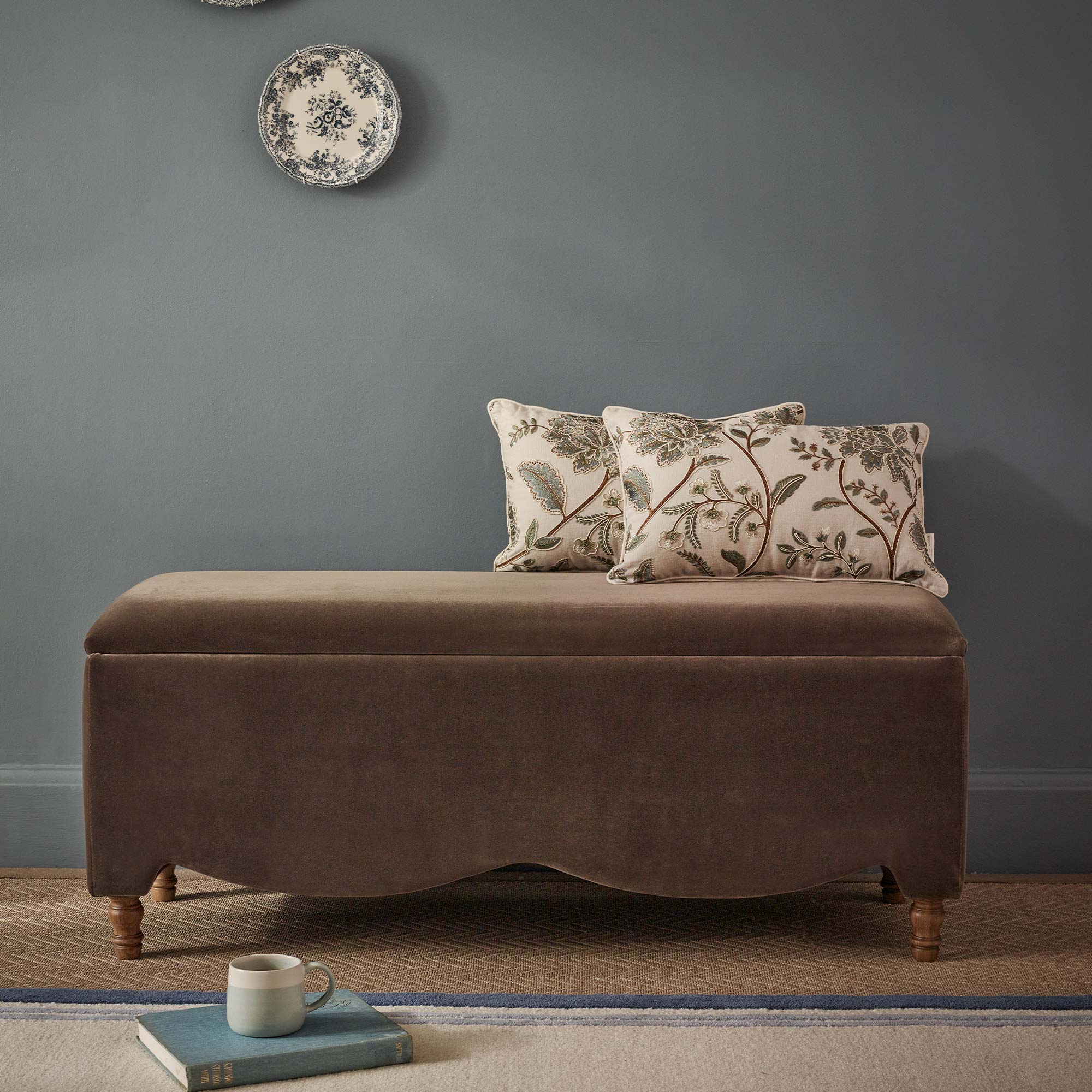 Love Story Ottoman in Brown Velvet Styled with Pressed Flowers Cushions in Tourmaline and Hazelnut