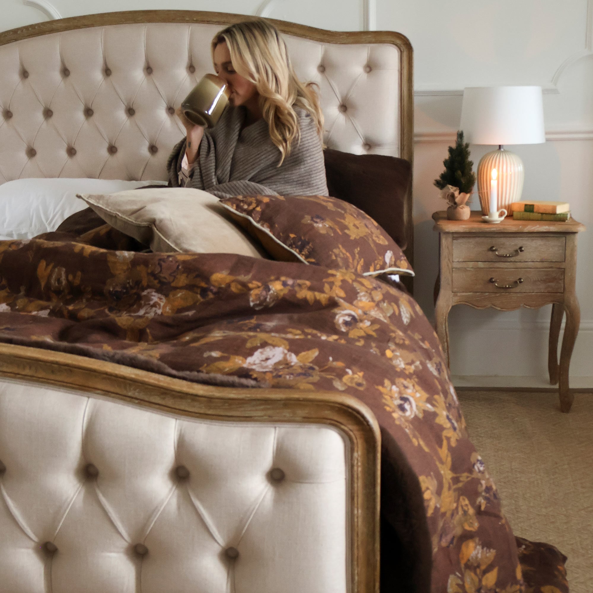 Lifestyle Image of Brown Floral Runner On End Of French Bed