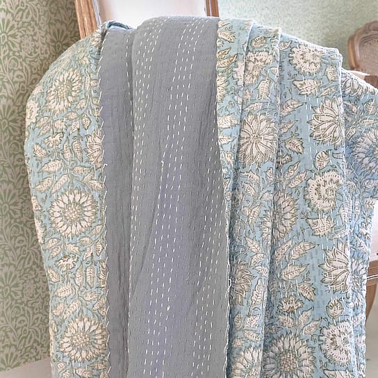 Blue Floral Block Print Bed Cover Blue Floral Block Print Bed Cover