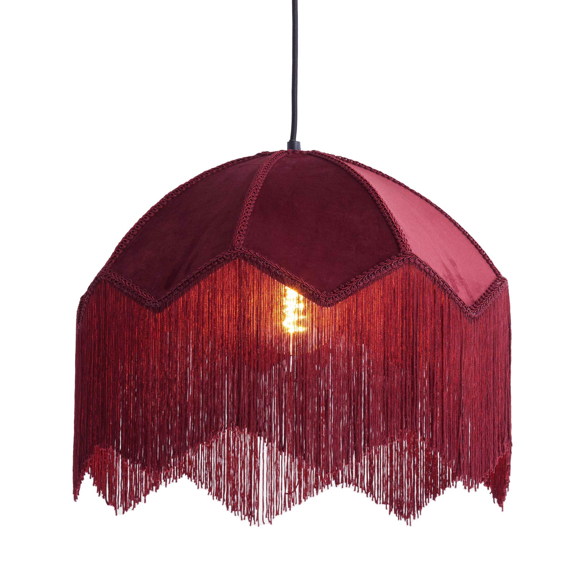 Small Fringed Velvet Pendant Light in Berry