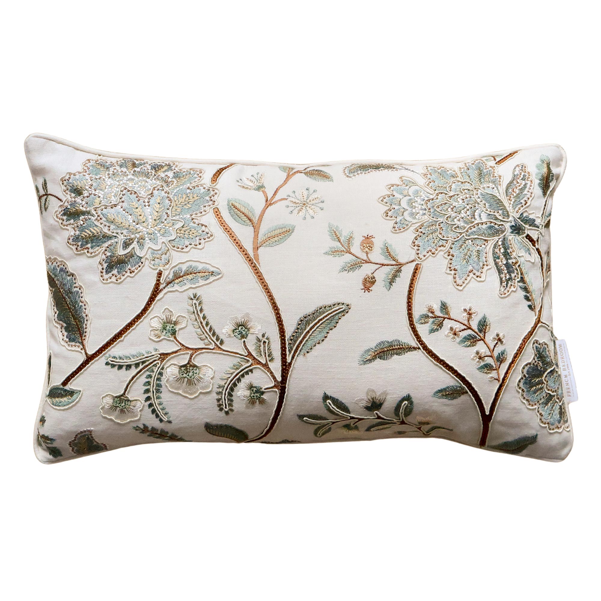 Pressed Flowers Embroidered Cushion in Tourmaline and Hazelnut