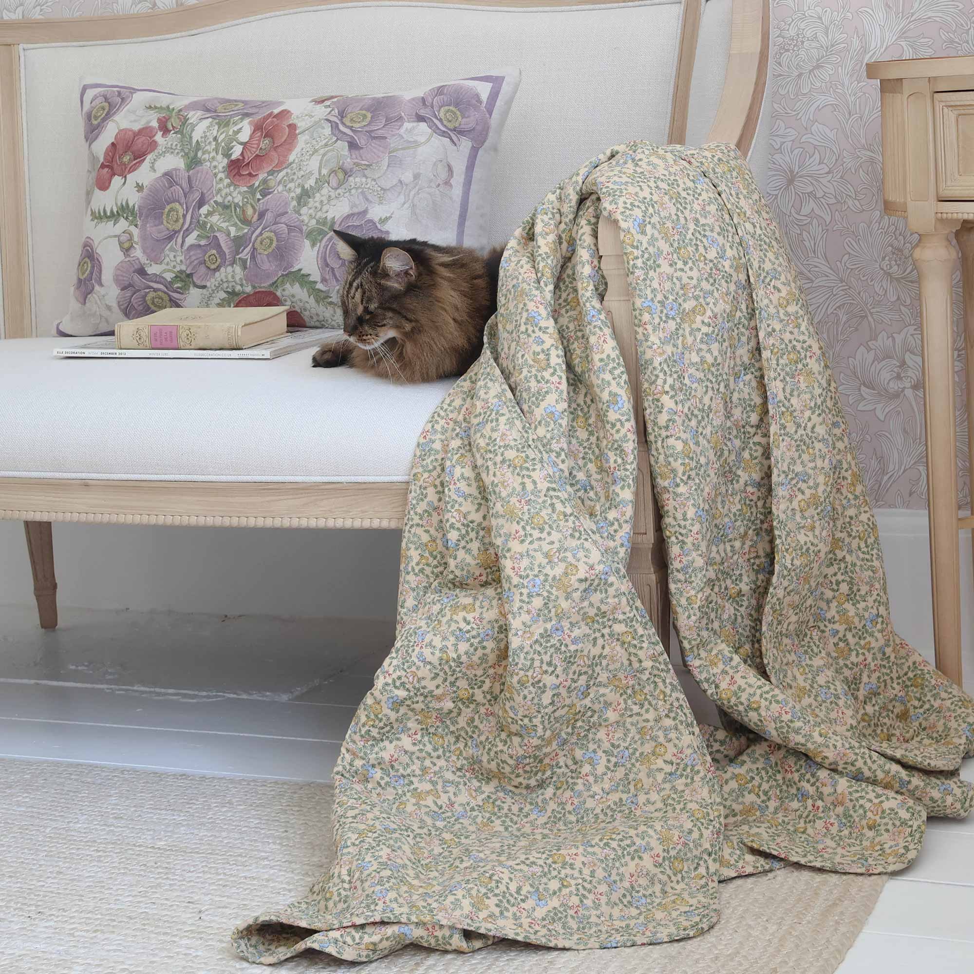 Cotton Throw with Bright Ditsy Floral Pattern