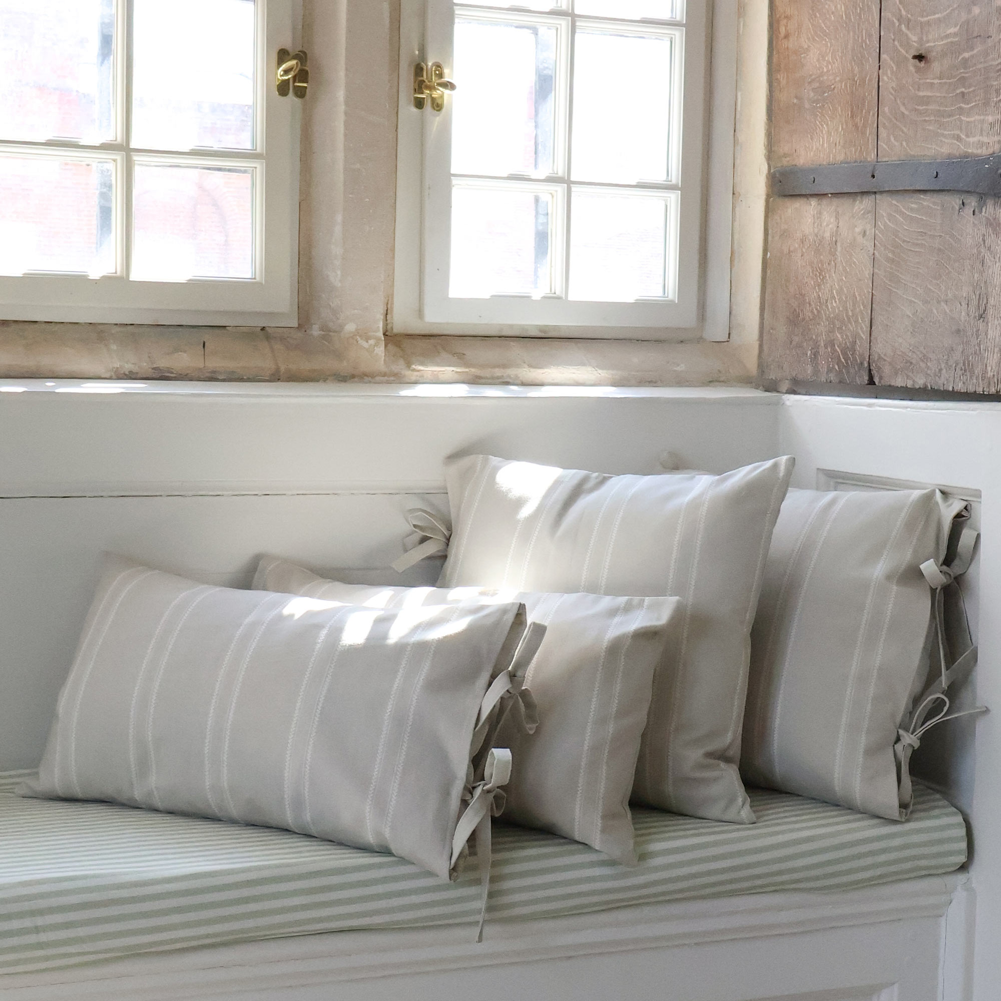 Oatmeal and White Stripe Cotton Cushions with Tie Closure Detail