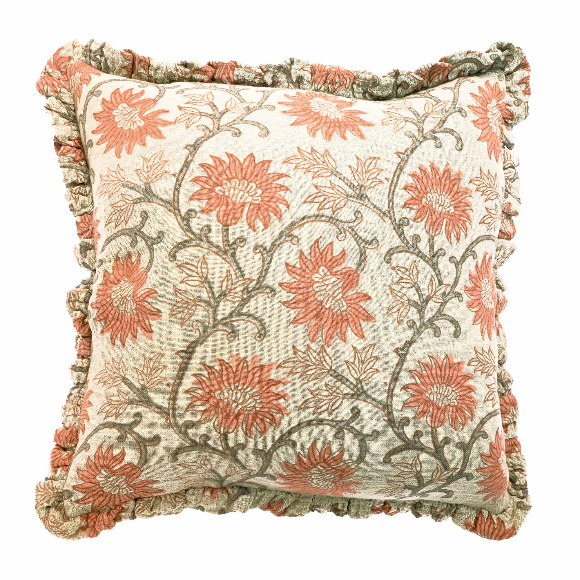 Hidcote Handblock Print Vegan Cushion with Ruffled Edge