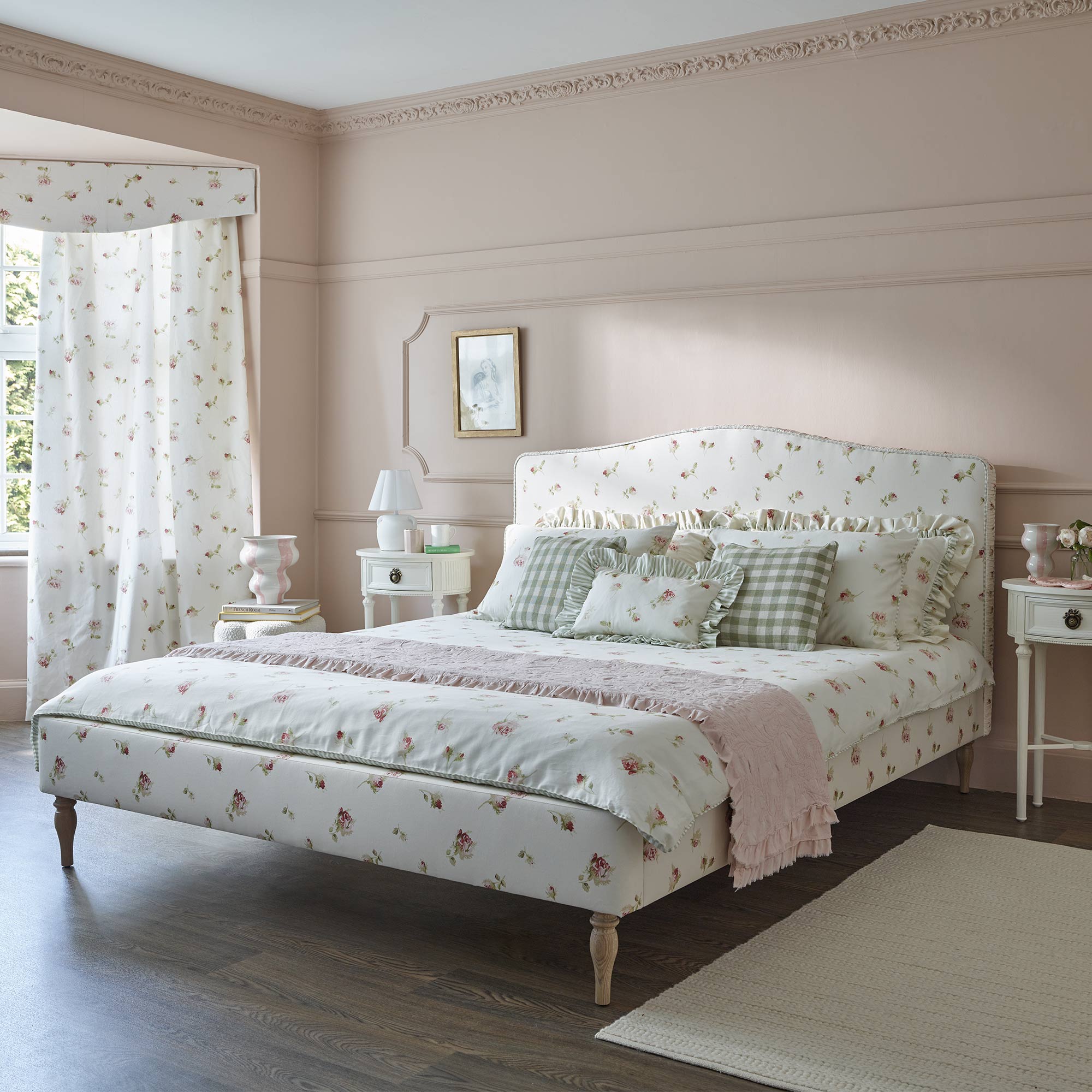 Romantic Ditsy Floral Fabric Upholstered Bed with Ruched Sage Ticking Headboard Piping