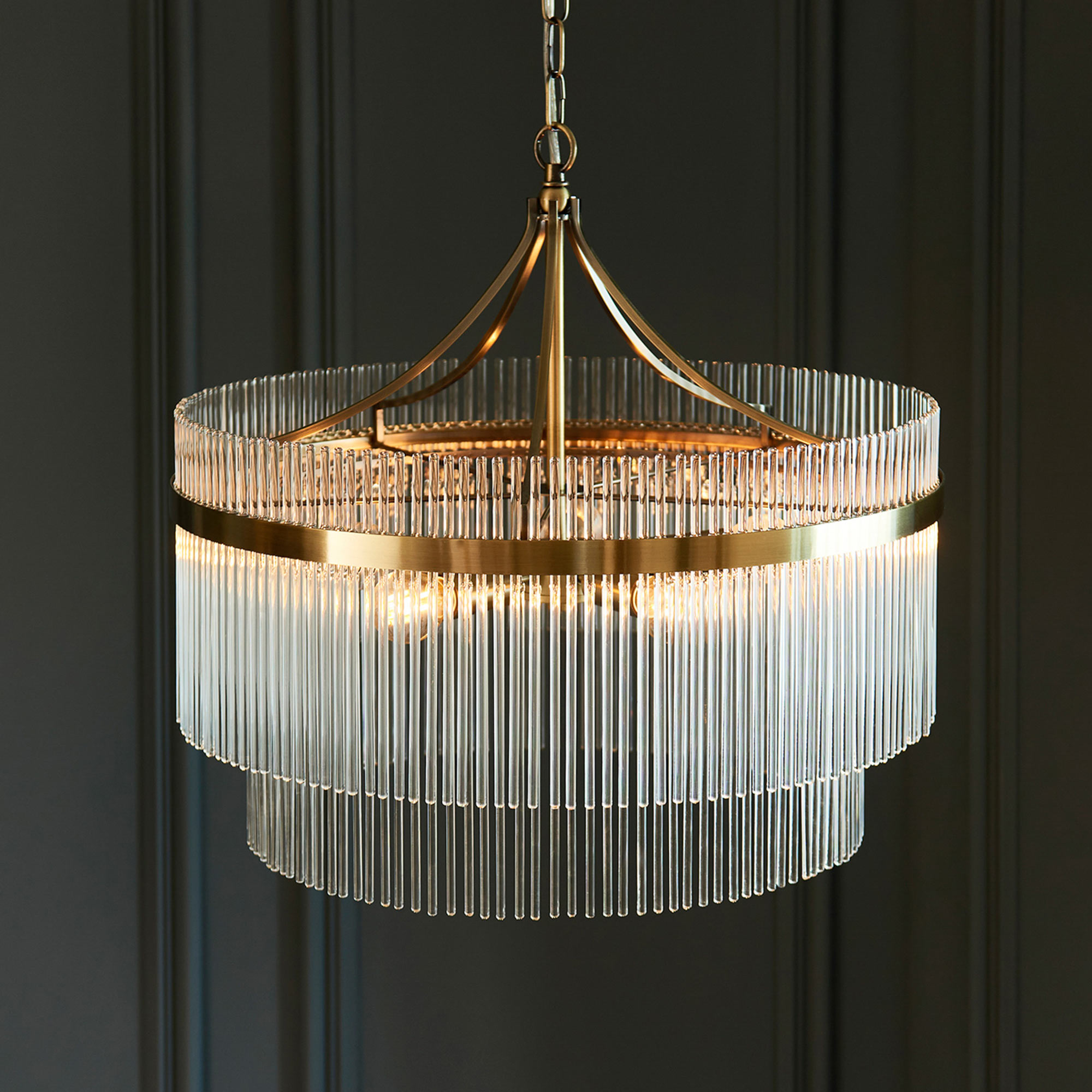 5-Bulb Glass Pendant Light with Antiqued Brass Detail