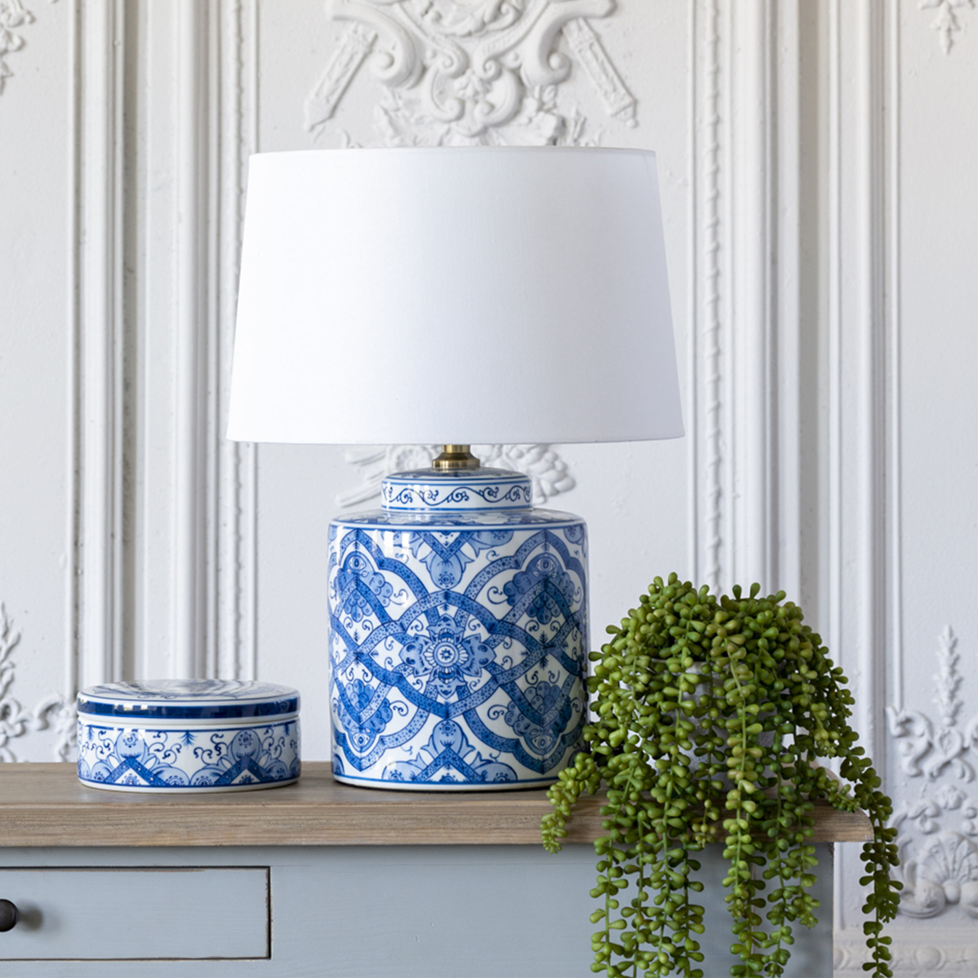 Blue Ceramic Table Lamp with White Cotton Shade and gold detailing 