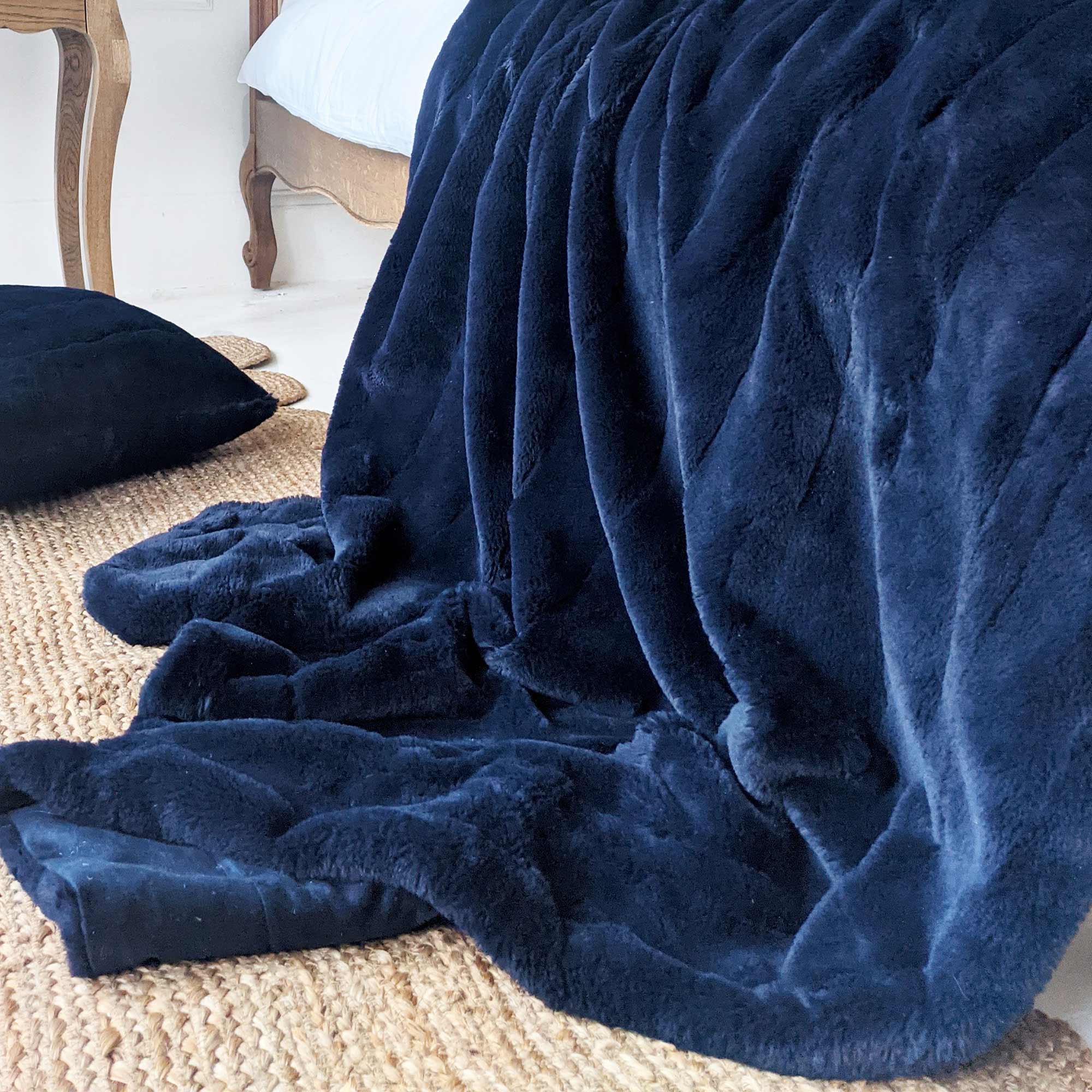 Faux Fur Blanket in Navy Blue