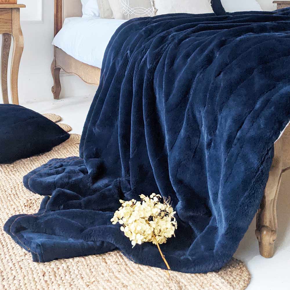 Mimi Faux Fur Throw in Rich Navy Soft Faux Fur Blue Throw