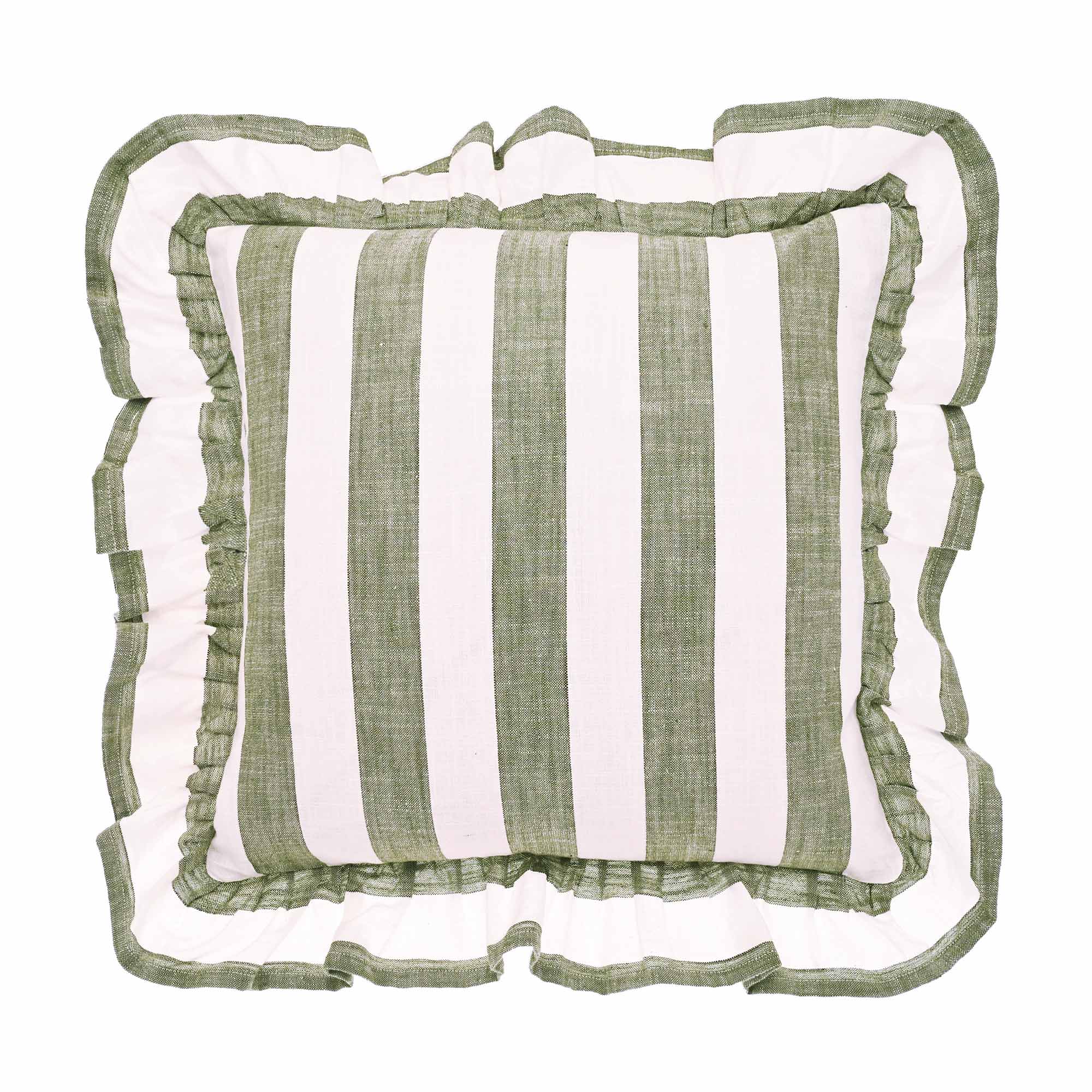 Cotton Green and White Striped Cushion with Ruffle Detail