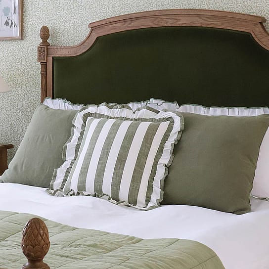 100% Cotton Green and White Striped Cushion with Ruffle Detail 100% Cotton Green and White Striped Cushion with Ruffle Detail