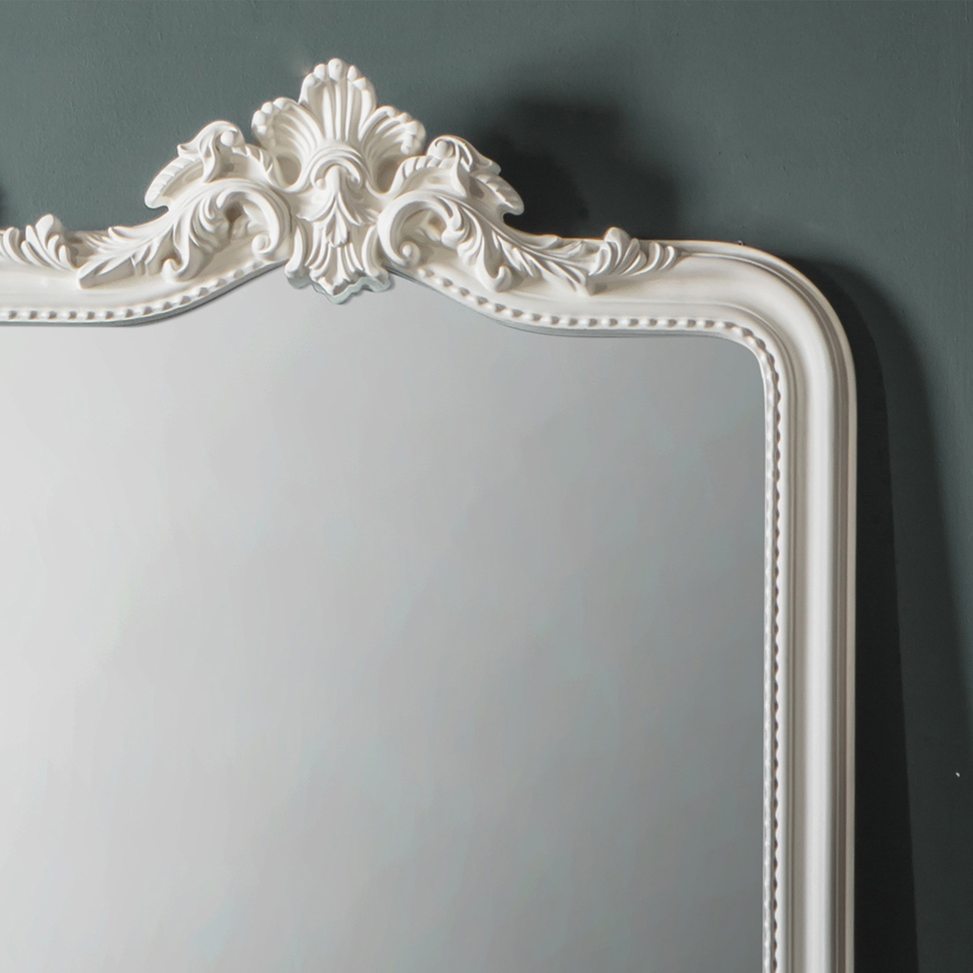 Full Length White Mirror with Acanthus Crest Detail