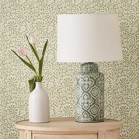Green and White Ceramic Patterned Lamp with White Cotton Shade Green and White Ceramic Patterned Lamp with White Cotton Shade