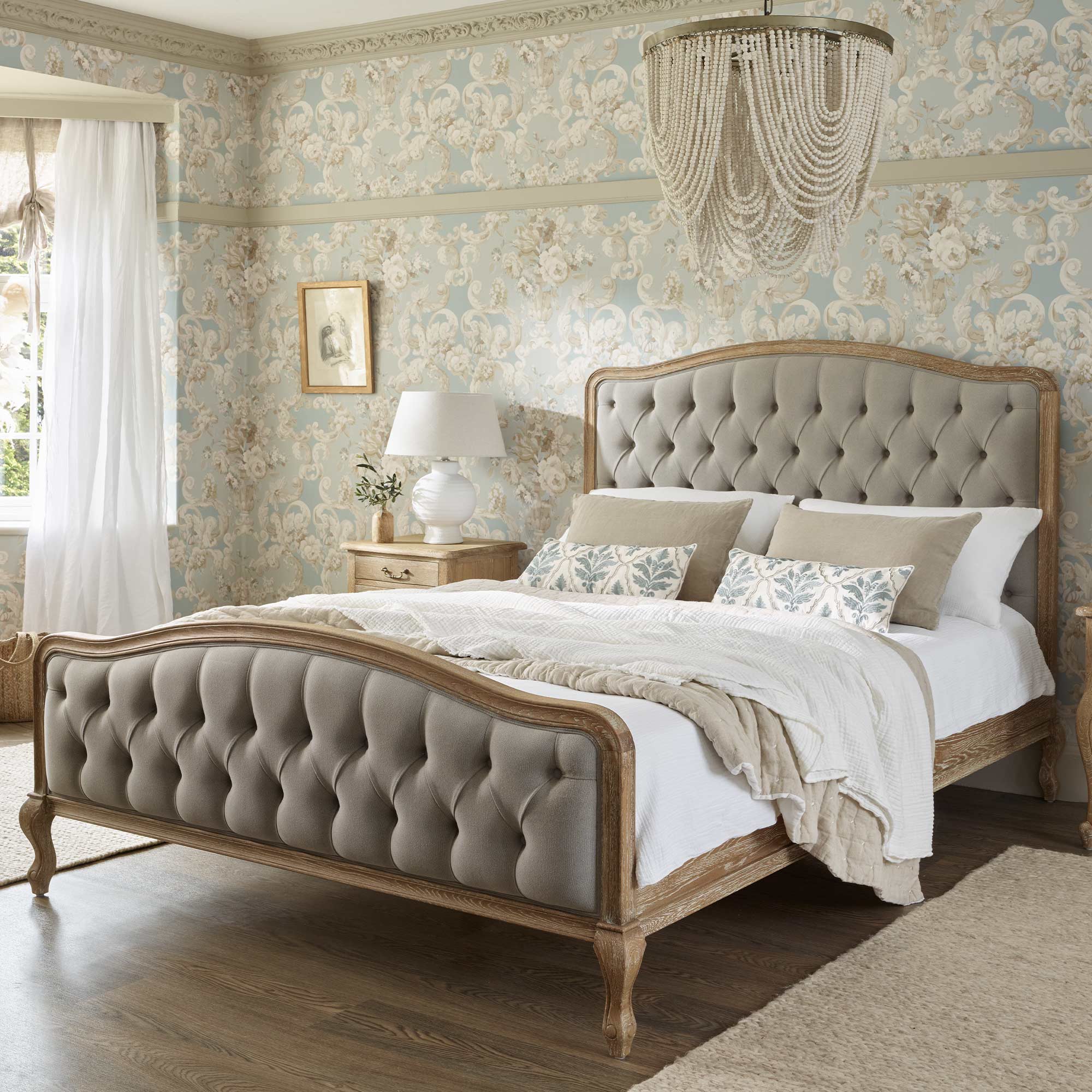 French Romance Grey Linen Upholstered Bed