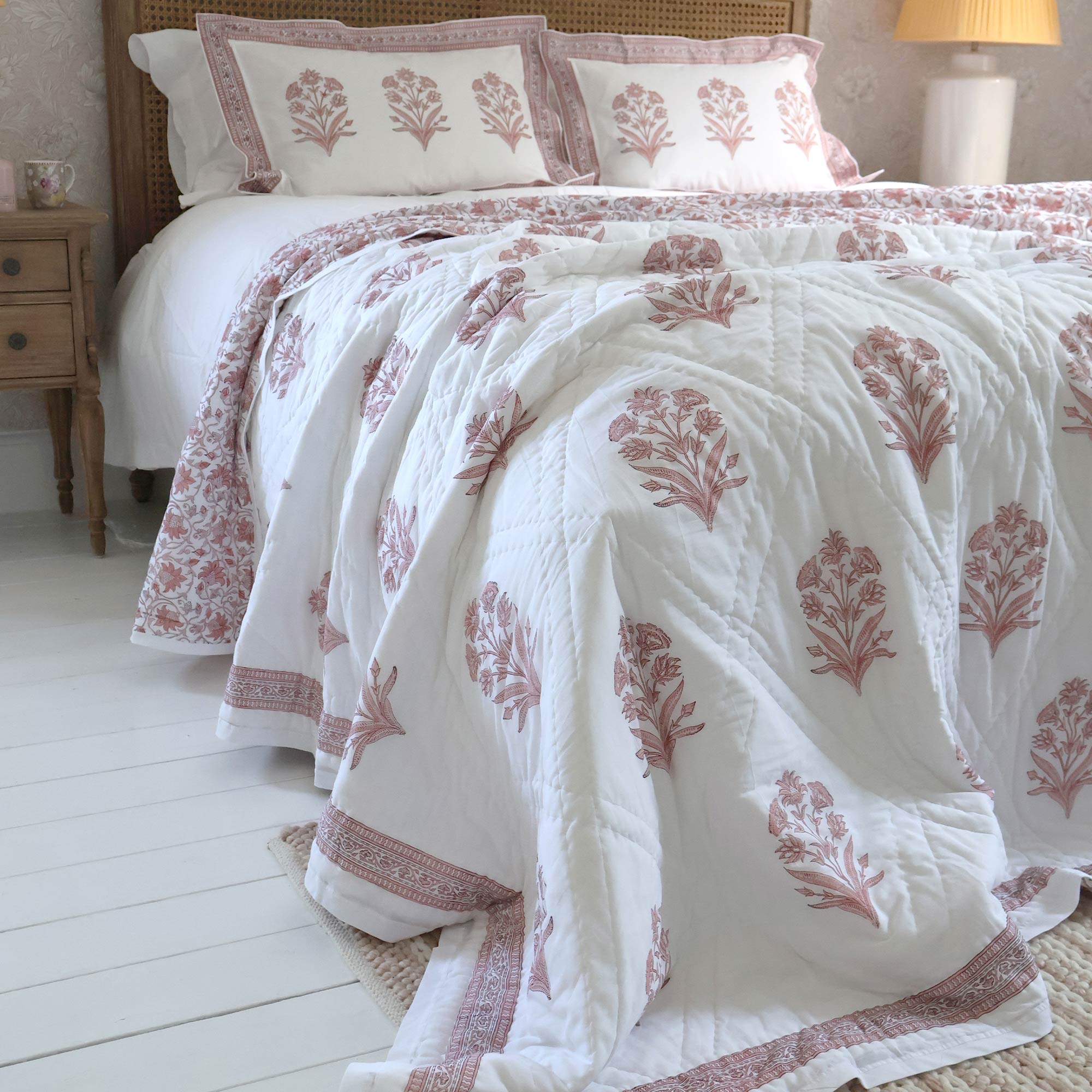 Reversible Peach And White Bedspread Made From100% Cotton 