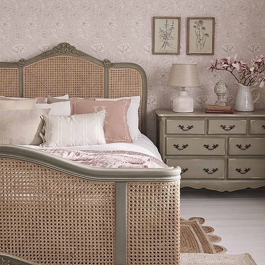 French Style Pale Stone and Natural Rattan Handmade Bed French Style Pale Stone and Natural Rattan Handmade Bed