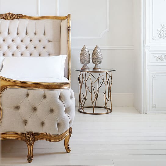 Handmade and Hand-Carved French Style Bed with Gold Frame and Linen Upholstery Handmade and Hand-Carved French Style Bed with Gold Frame and Linen Upholstery