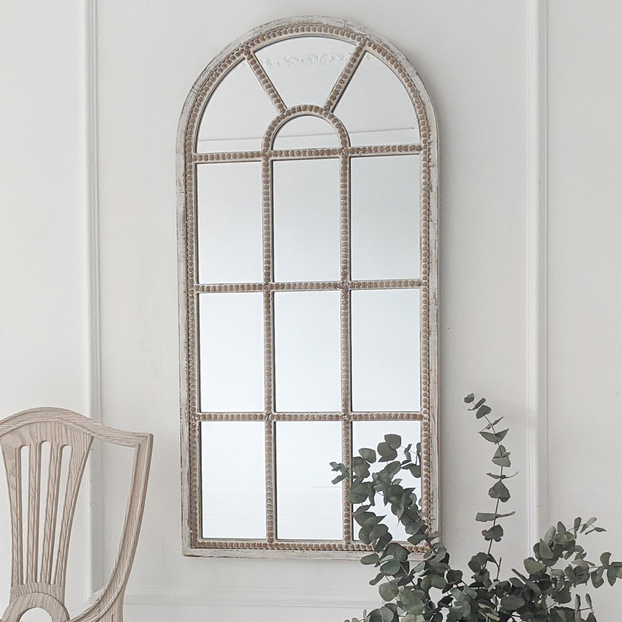 Arch Wall Mirror with Beaded Panels in a Distressed Finish