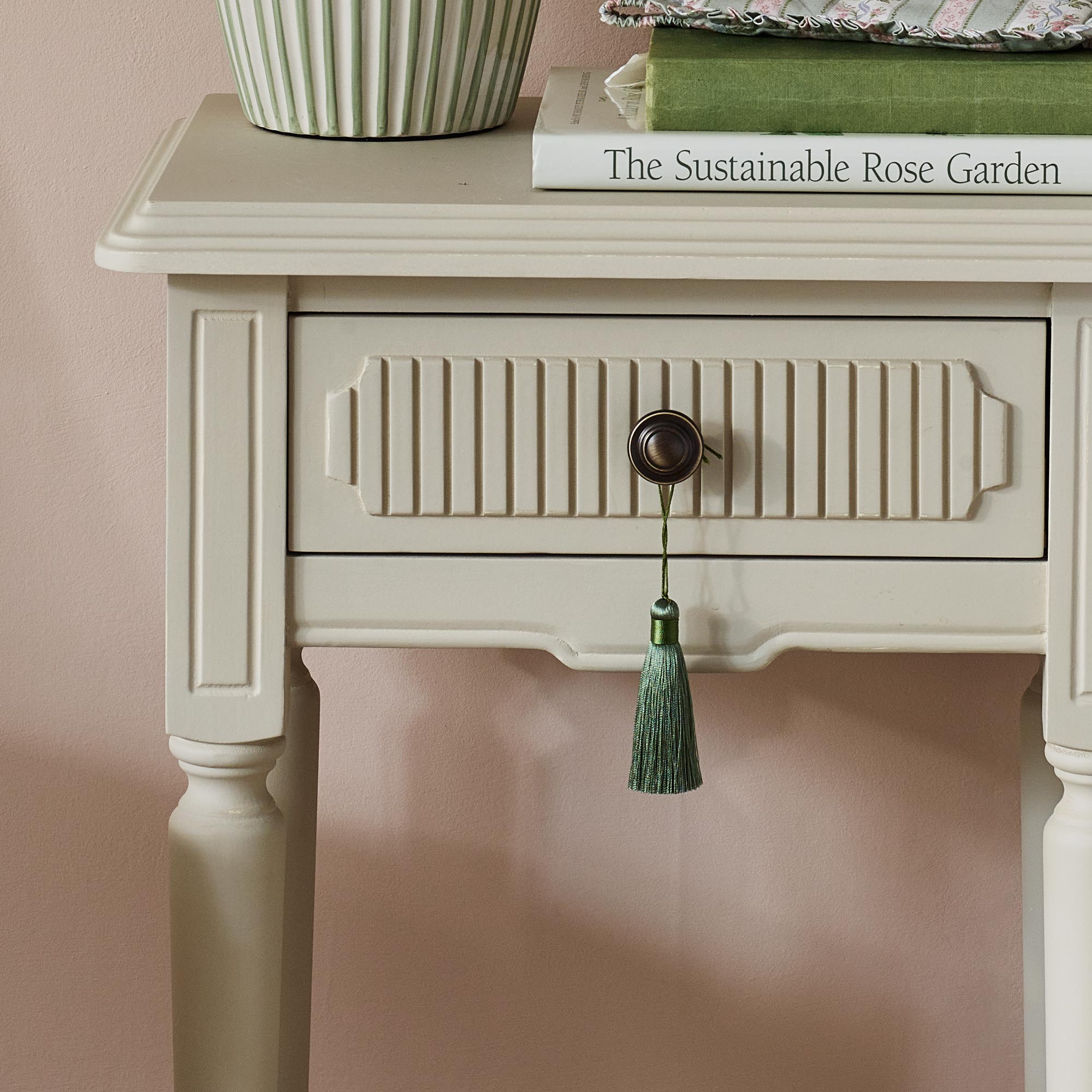 Solid Wood, Hand Carved Petite Bedside Table in a Soft Oatmeal Hue