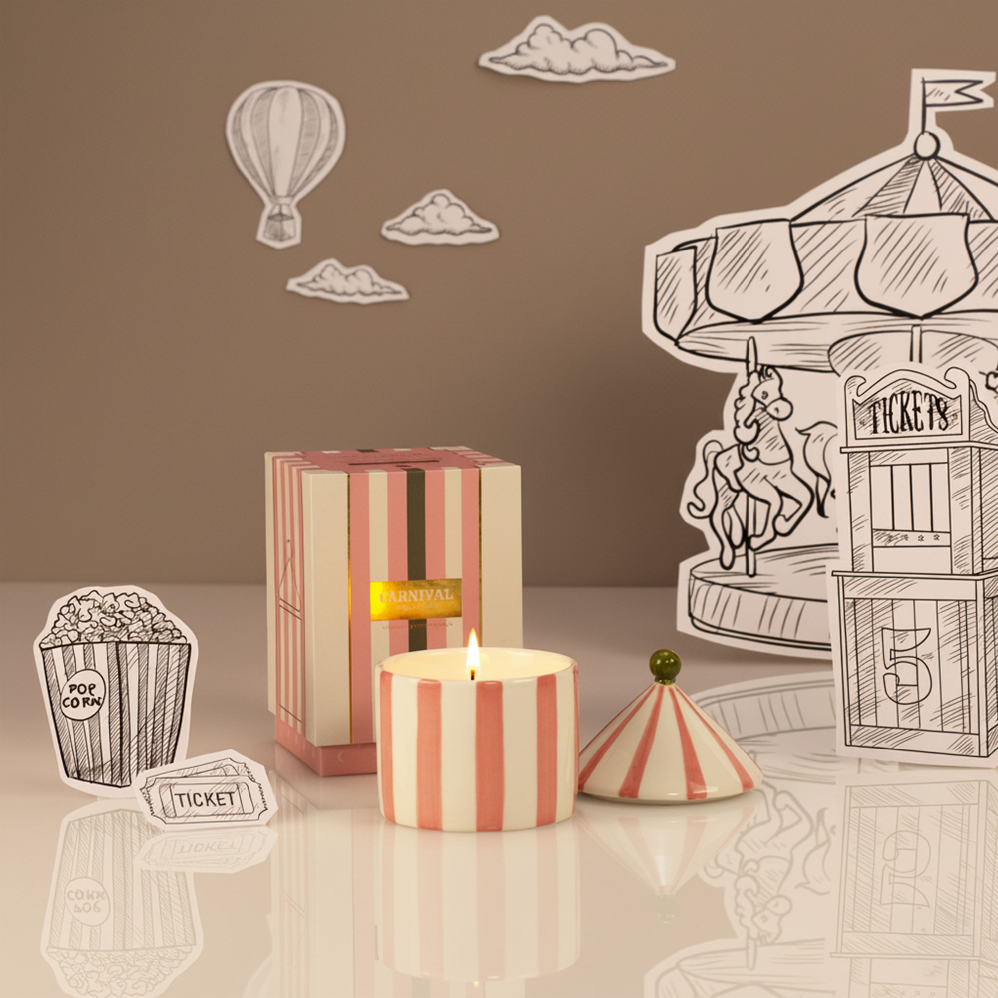 Luxury fig and neroli scented candle in a pink and white striped ceramic pot with matching box, styled with carnival-themed illustrations.