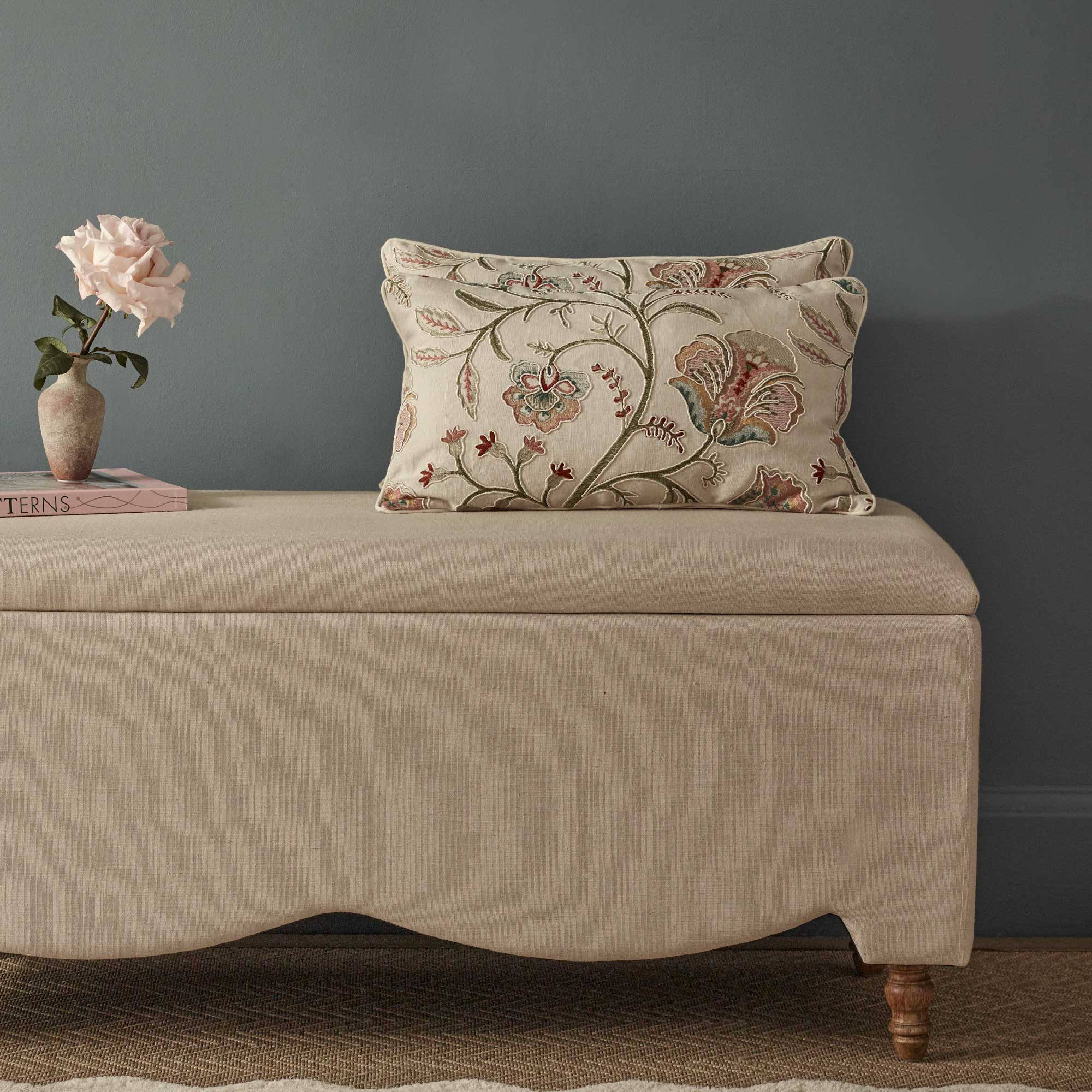 Pressed Flowers Embroidered Boudoir Cushion in Red, Pink and Green Pastels