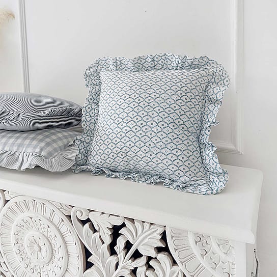 Cushion in a Block Printed Trellis Design in Blue and White Cushion in a Block Printed Trellis Design in Blue and White