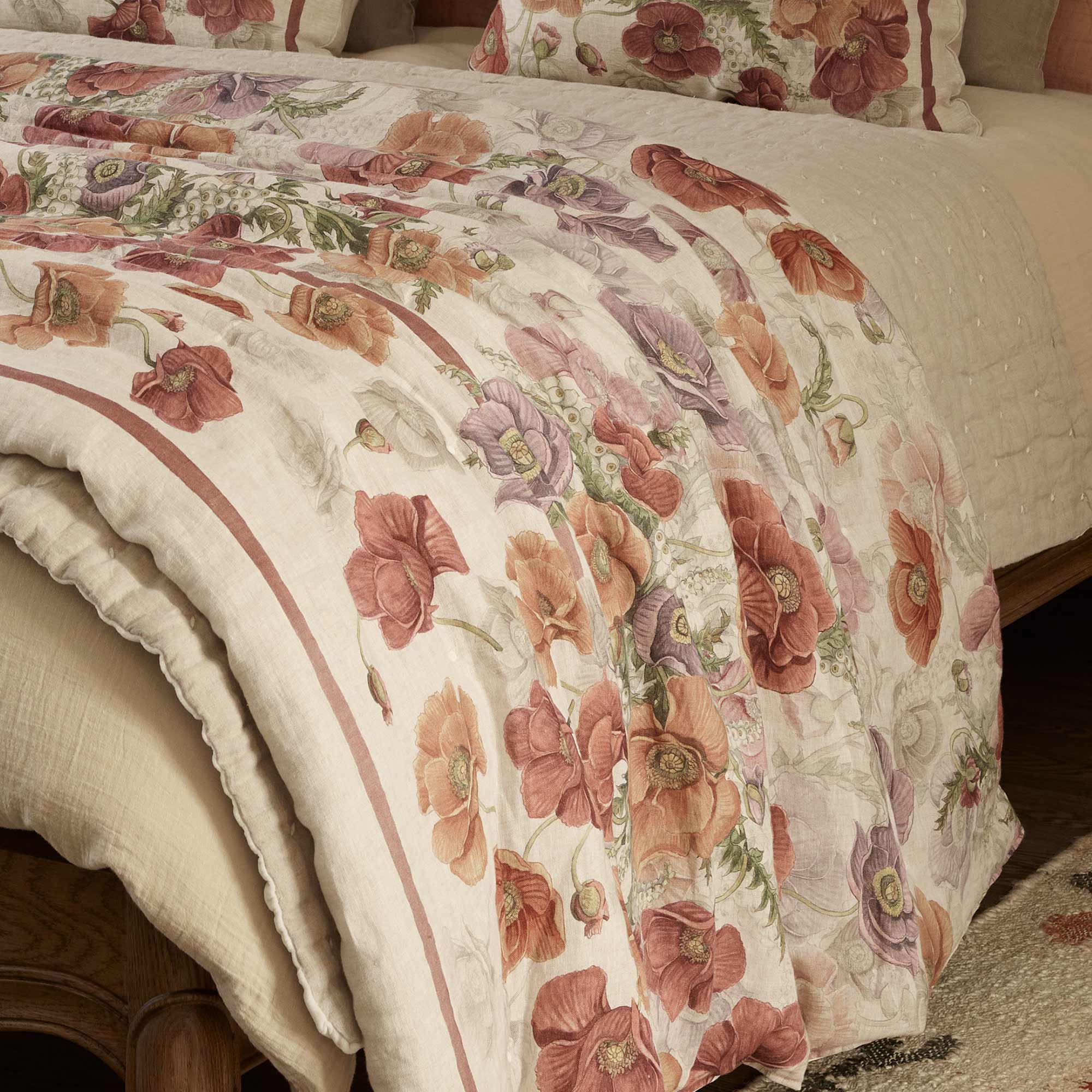Fields of Poppies Linen Bedspread in Berry Red