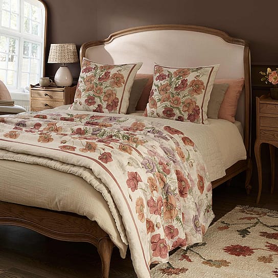 Large Bedroom Linen Cushion with Large Scale Poppy Detail Large Bedroom Linen Cushion with Large Scale Poppy Detail