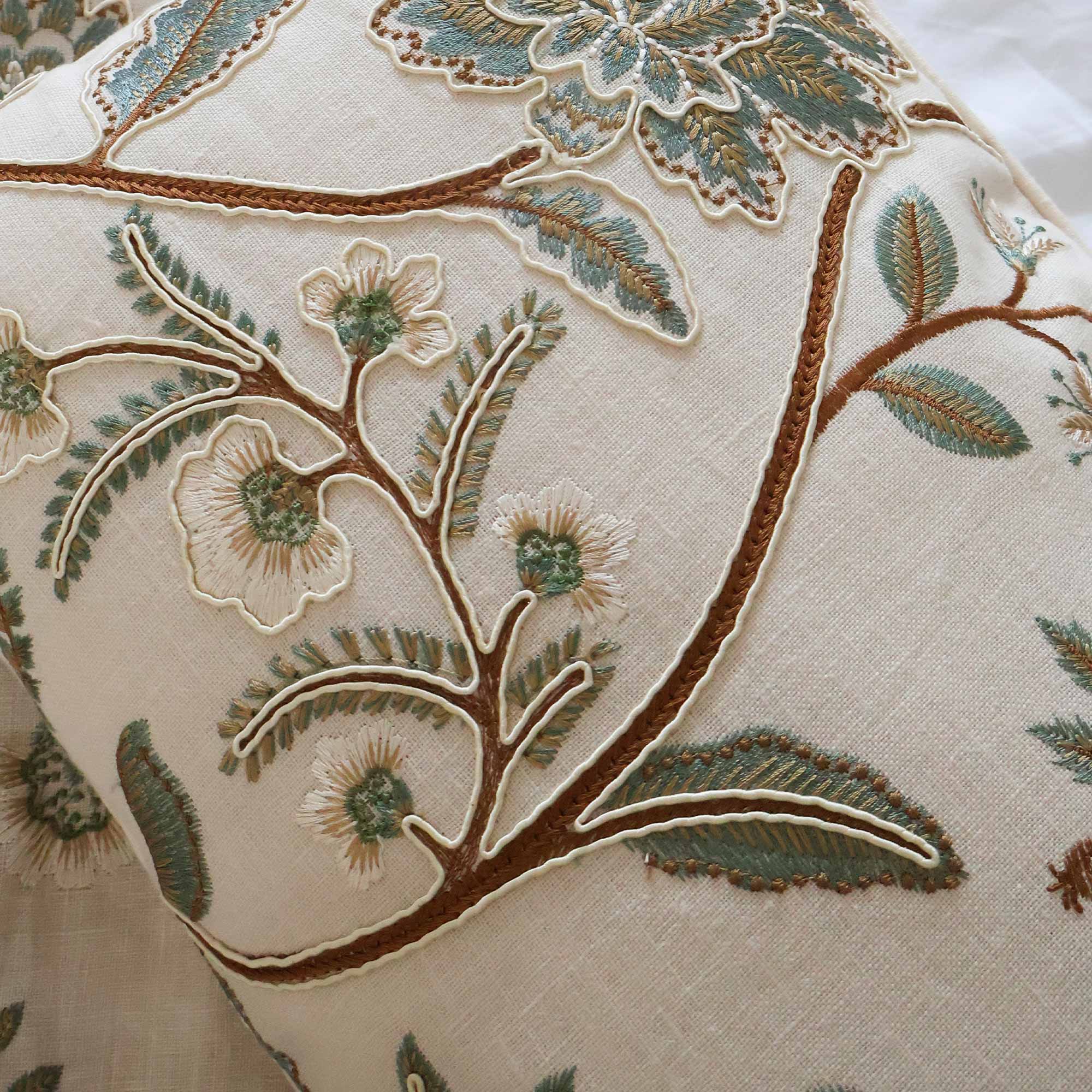 Pressed Flowers Embroidered Cushion in Tourmaline & Hazelnut