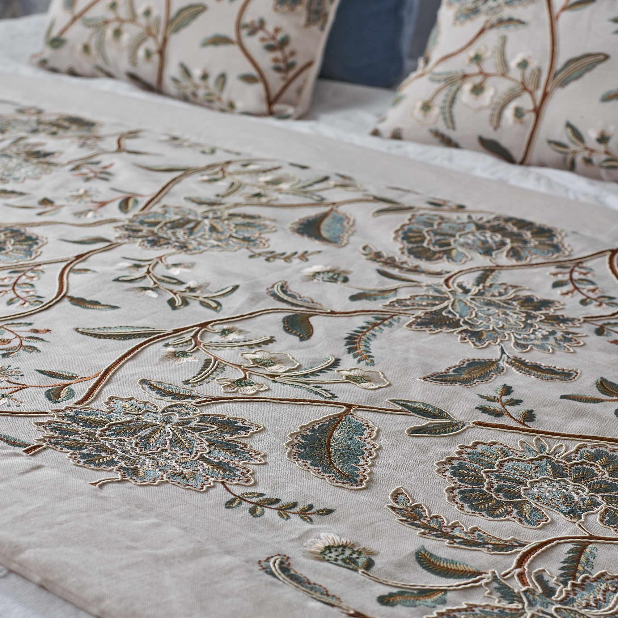 Detailed Blue Embroidery On Bed Runner With Brown Hues