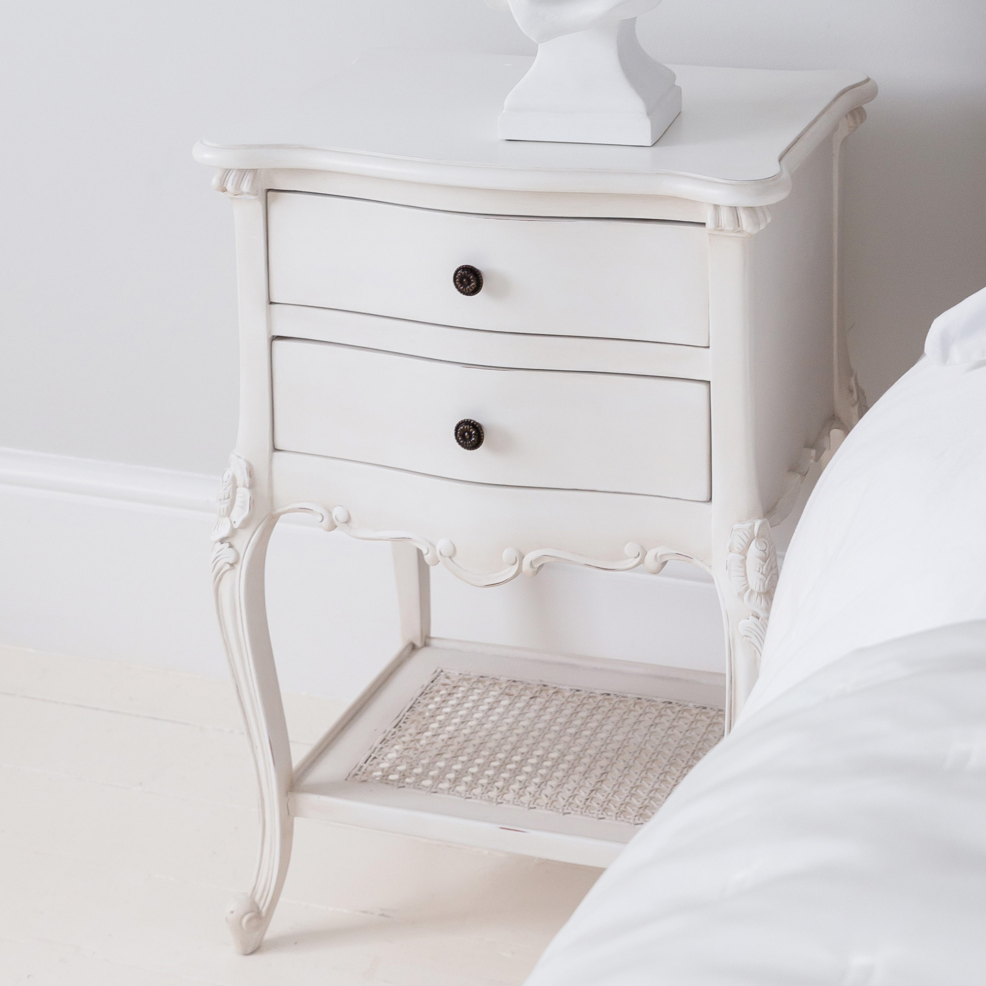 Provençal 2-Drawer White Rattan Bedside Table