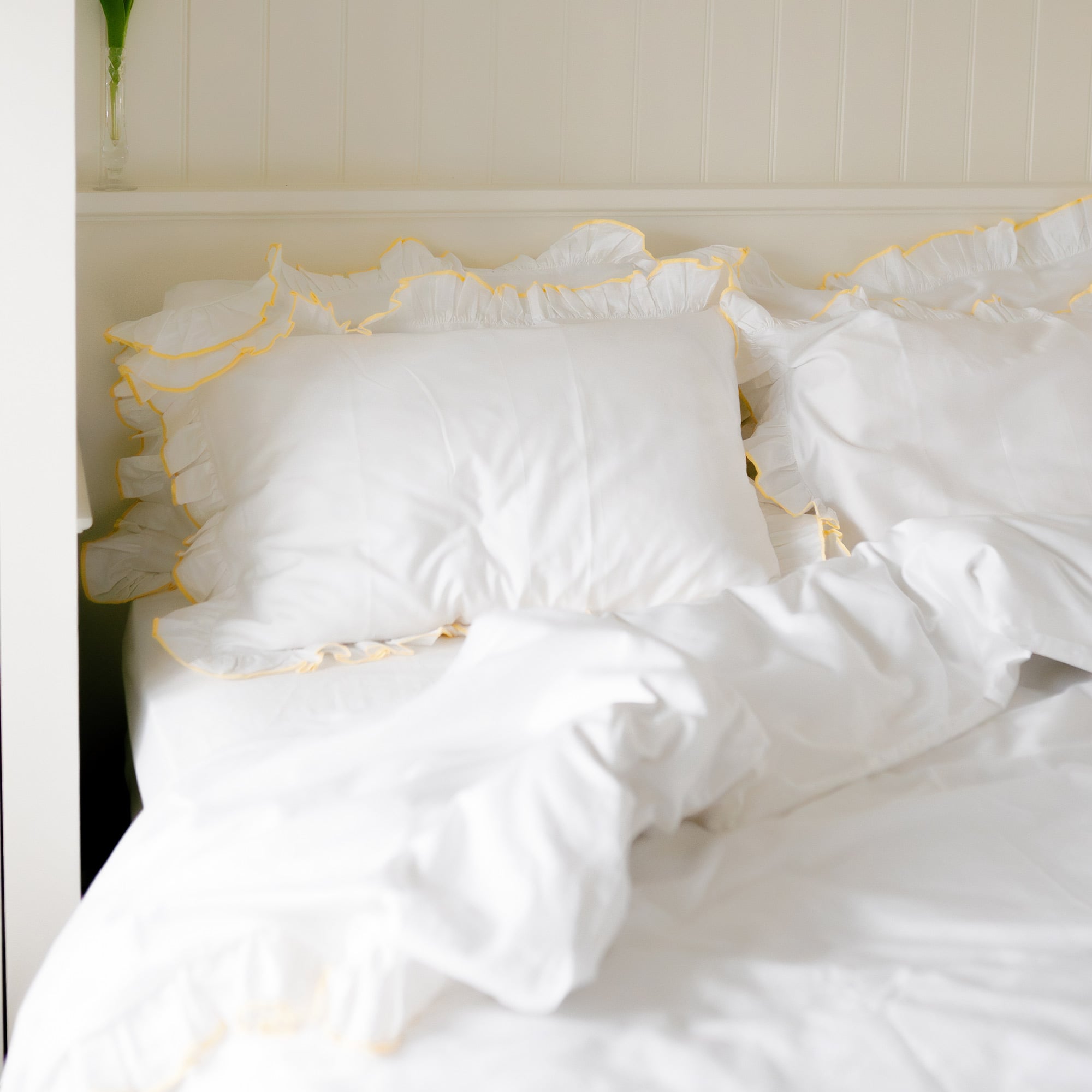 Frilled Ruffle Buttery Yellow Trim White Bed Set 