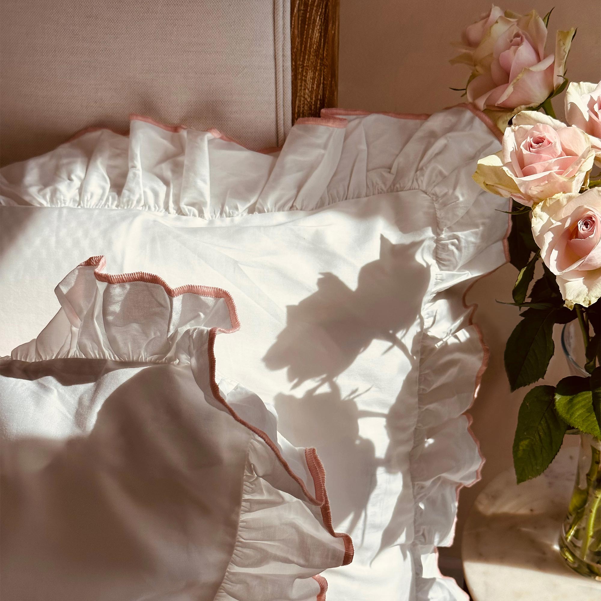 Frilled Ruffle Pink Trim White Bed Set