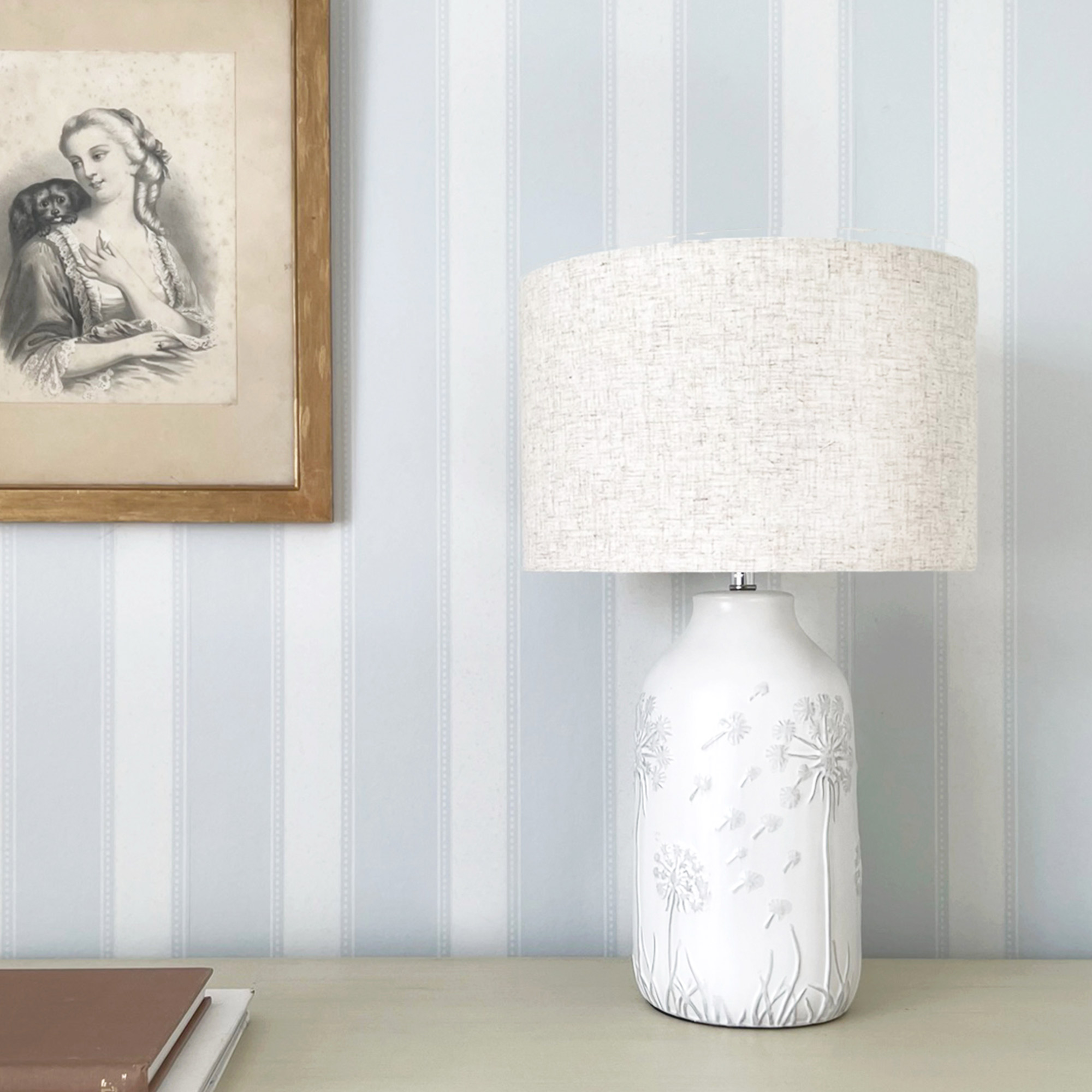 White Ceramic Table Lamp with Embossed Dandelions