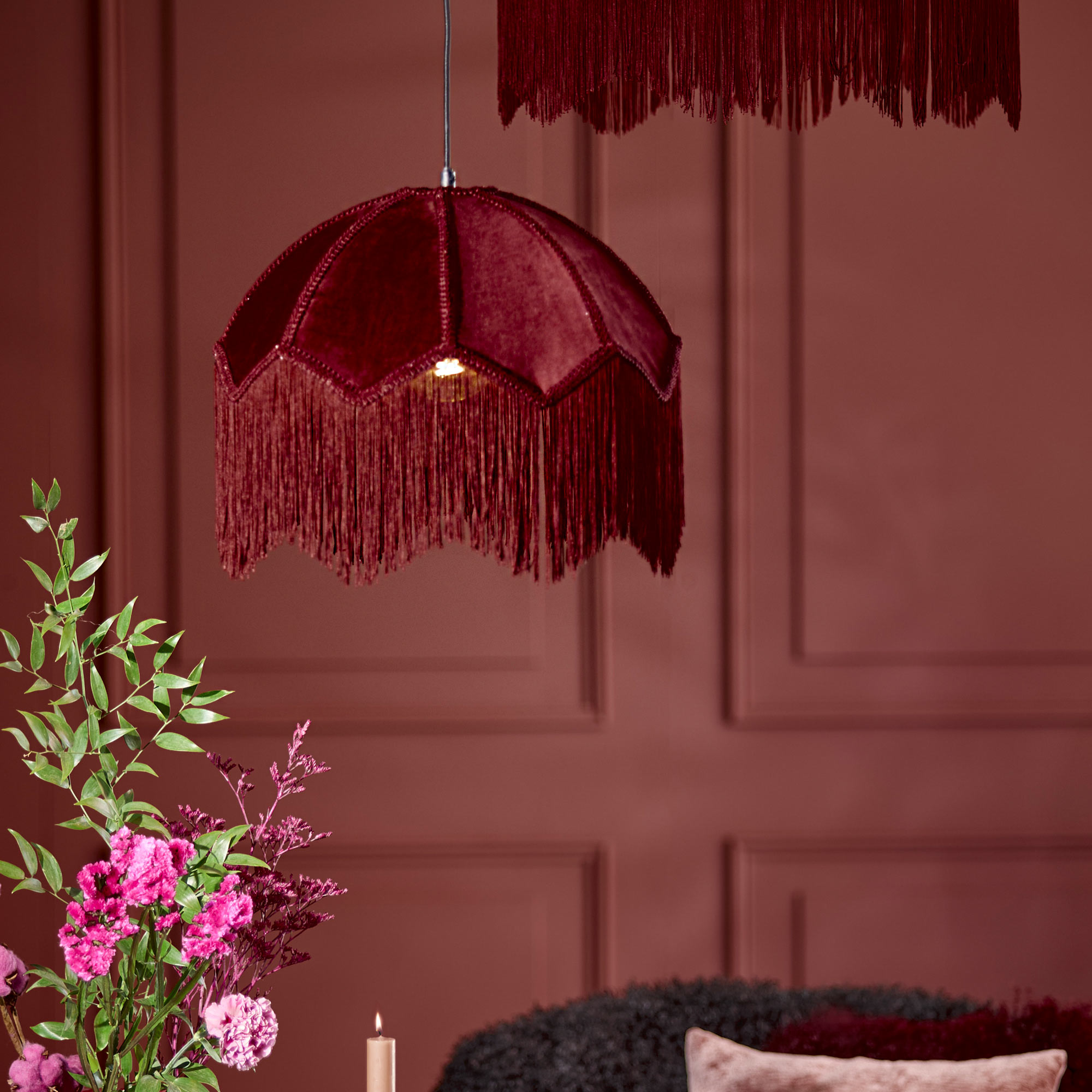 Medium Fringed Velvet Pendant Light in Berry