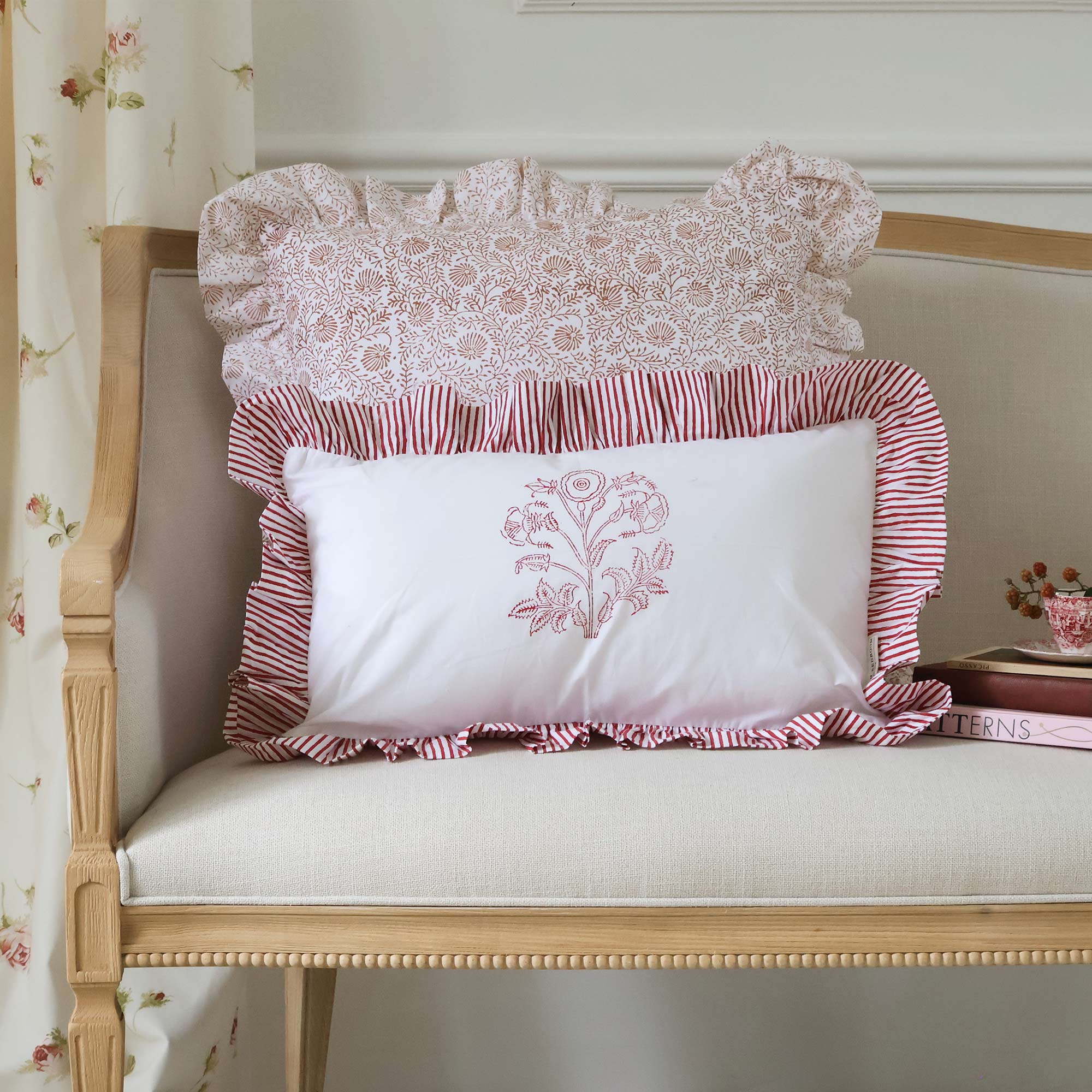 100% Cotton White Cushion with Bold Berry Motif and Red Ticking Stripe Ruffle Trim