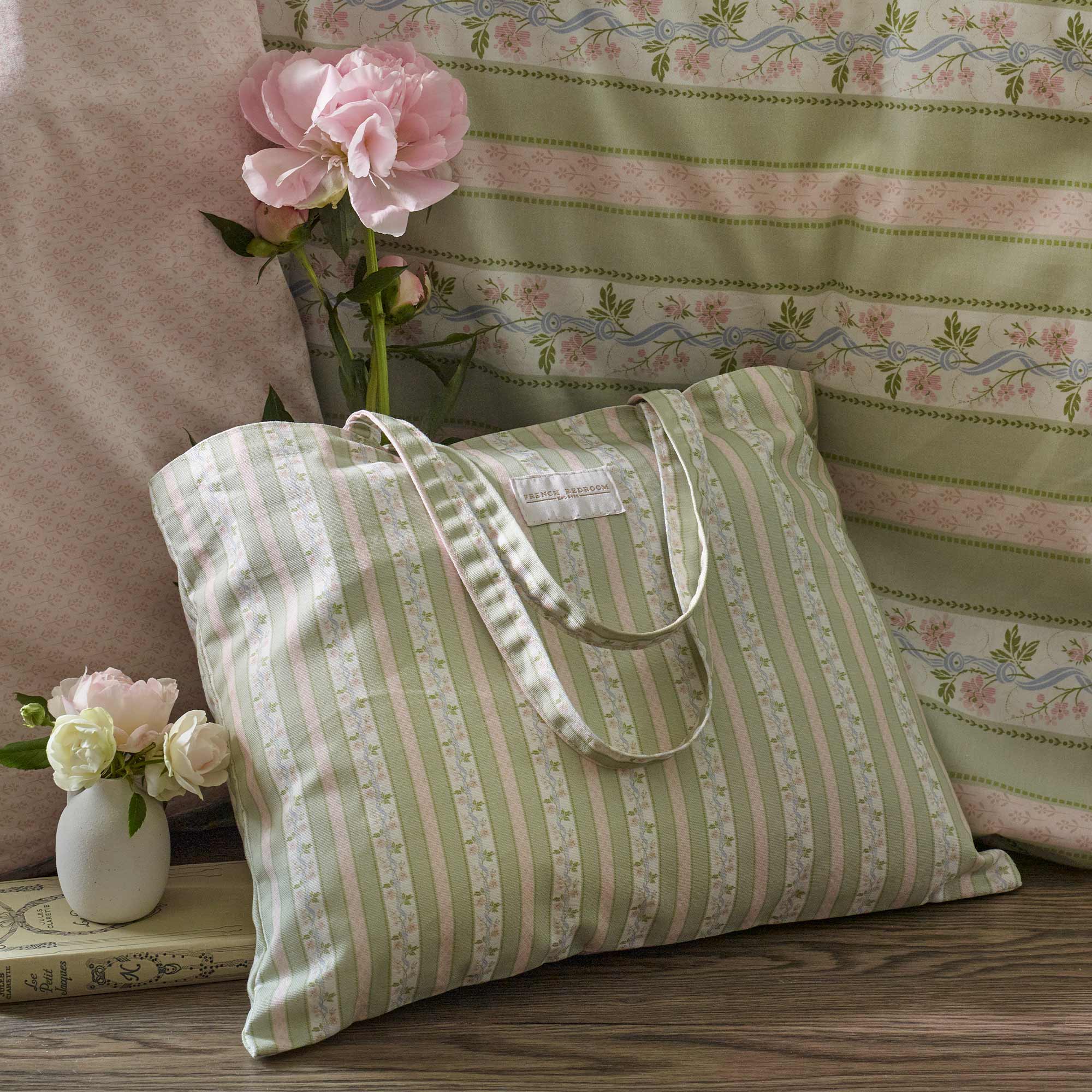 Green and Pink Floral Pinstripe Tote Bag