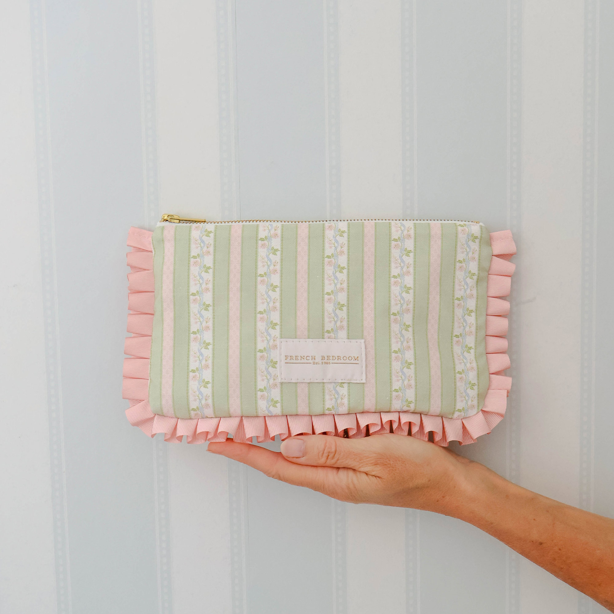 Green and Pink Pinstripe Floral Cosmetic Pouch with Pink Trim Edge