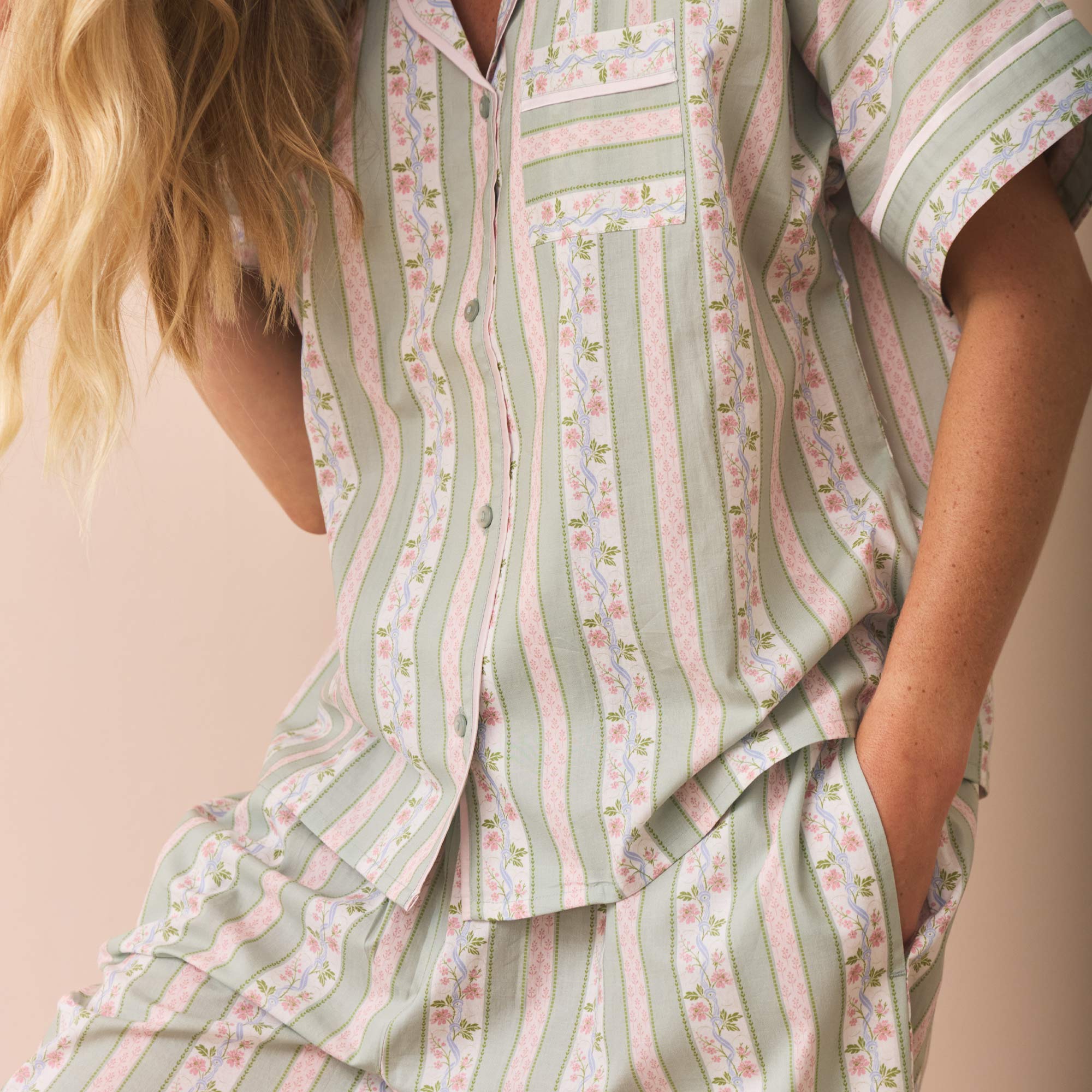 Their Nibs x French Bedroom Green & Pink Regency Rose Cotton Pyjamas