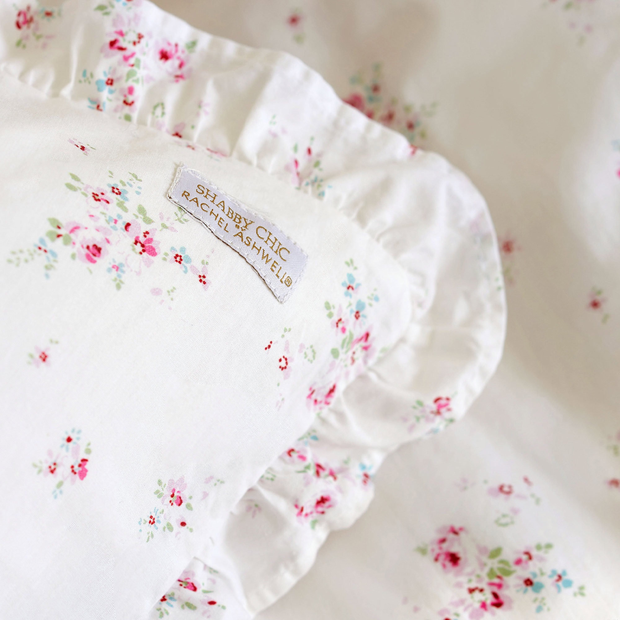 100% Cotton White and Petal Pink Ditsy Floral Bed Linen Set with Subtle Mini Ruffle Trim