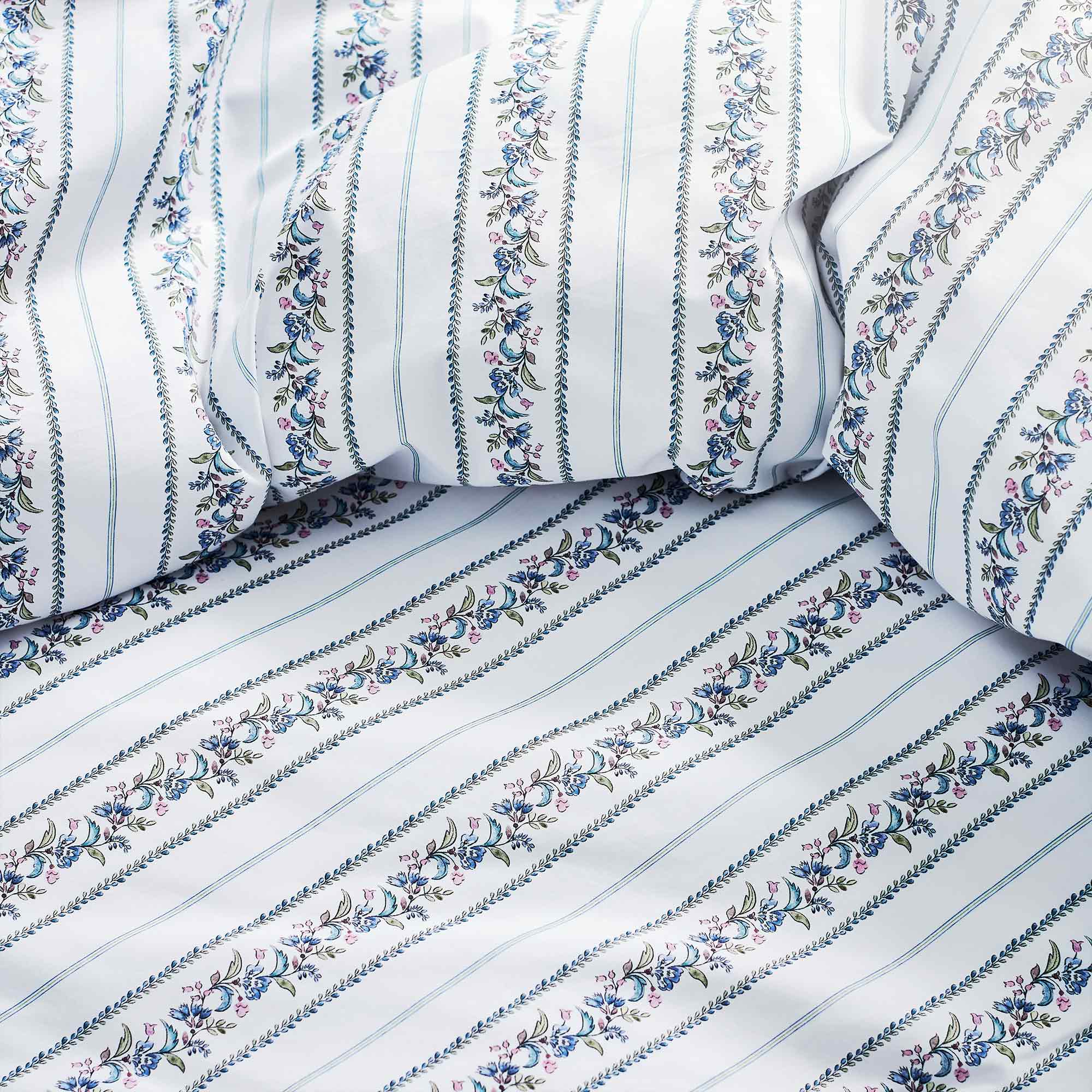 300TC Cotton Percale Bed Linen Set in Floral Stripe Design