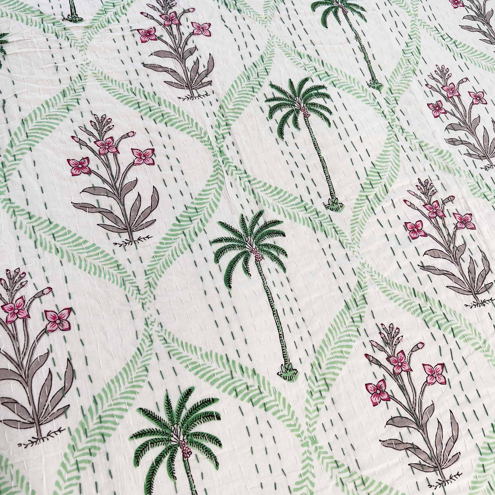 Hand Stitched Kantha Bedroom Throw in Pink and Green