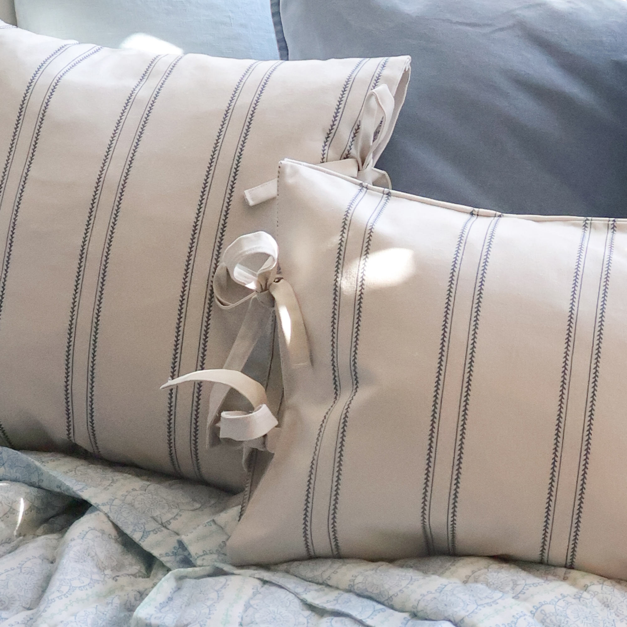 Blue and Oatmeal Stripe Cotton Rectangle Cushion Cover with Tie Closure Detail