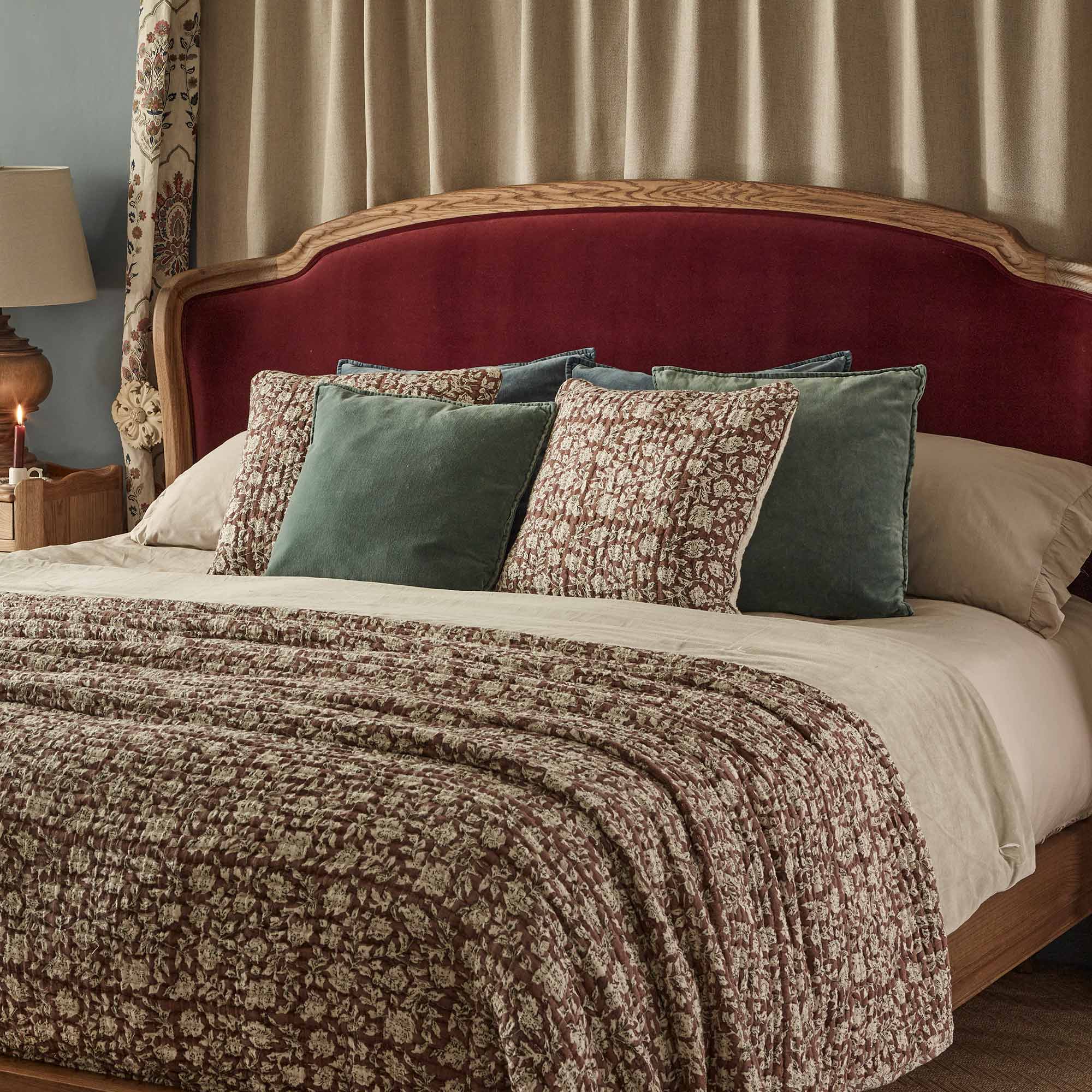 100% Cotton Cushion with Floral Handblock Motif and Kantha Stitch in Terracotta and Natural